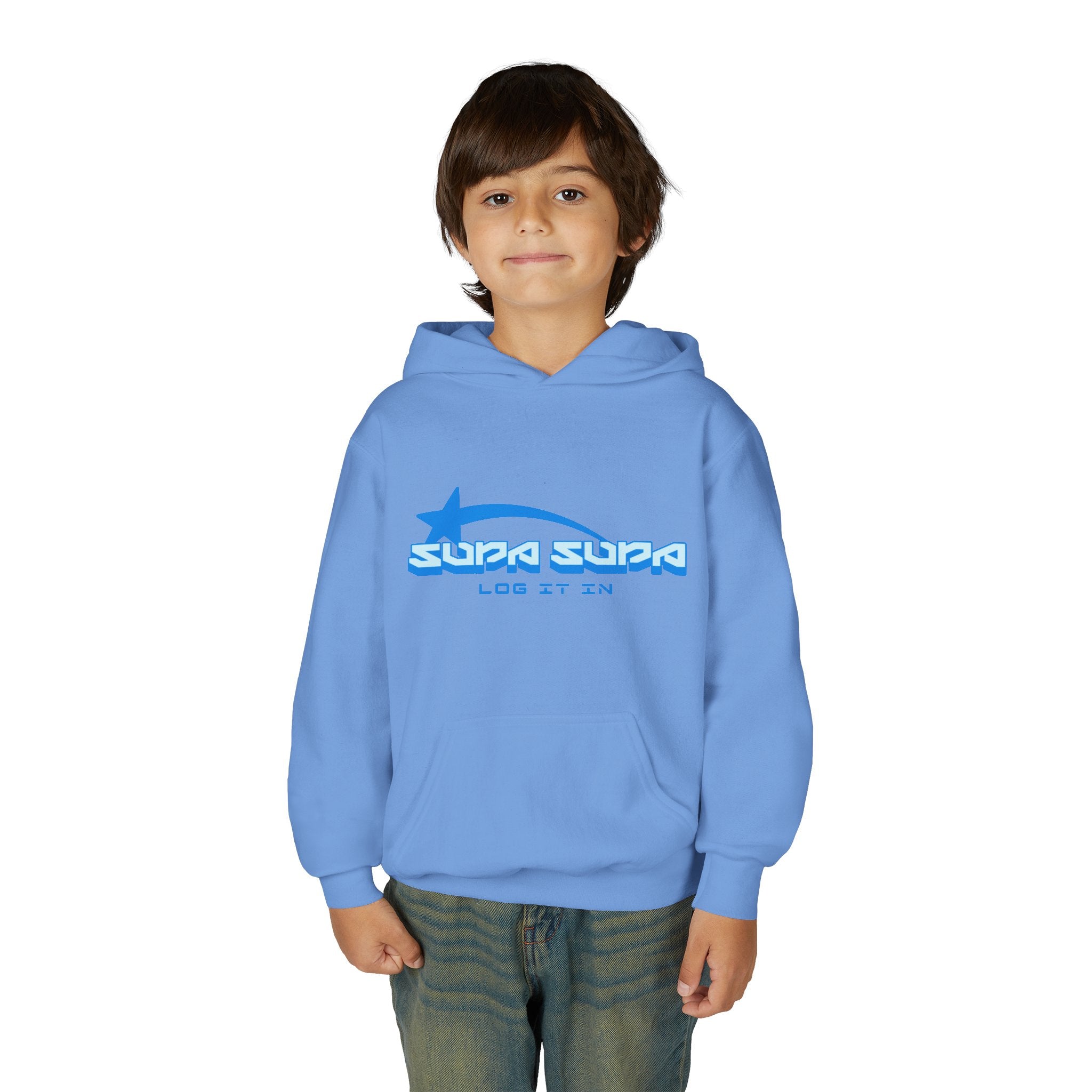 Youth Hoodie - Retro Blue "Supa Supa" Logo "Log It In" Graphic