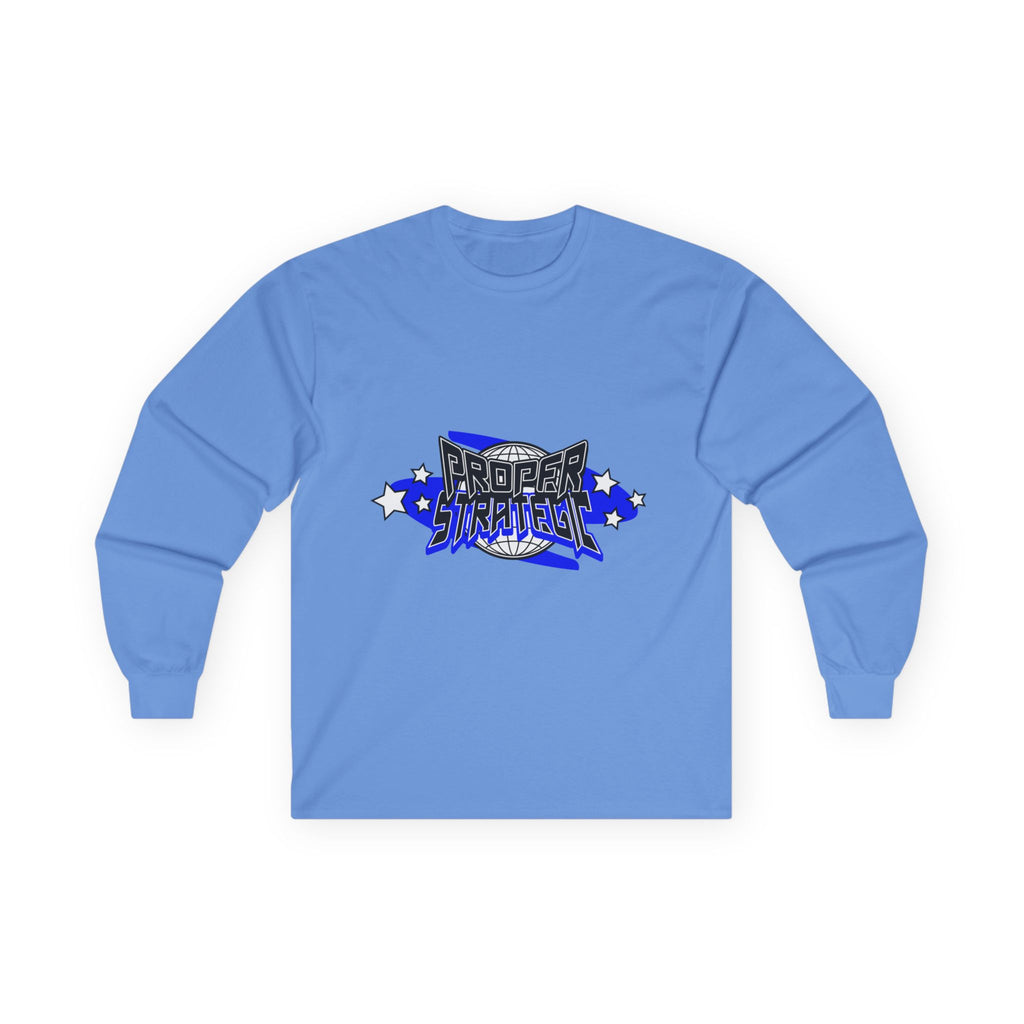 Proper Strategic Long Sleeve Tee — Retro Blue Graphic Shirt for Gamers & Strategists