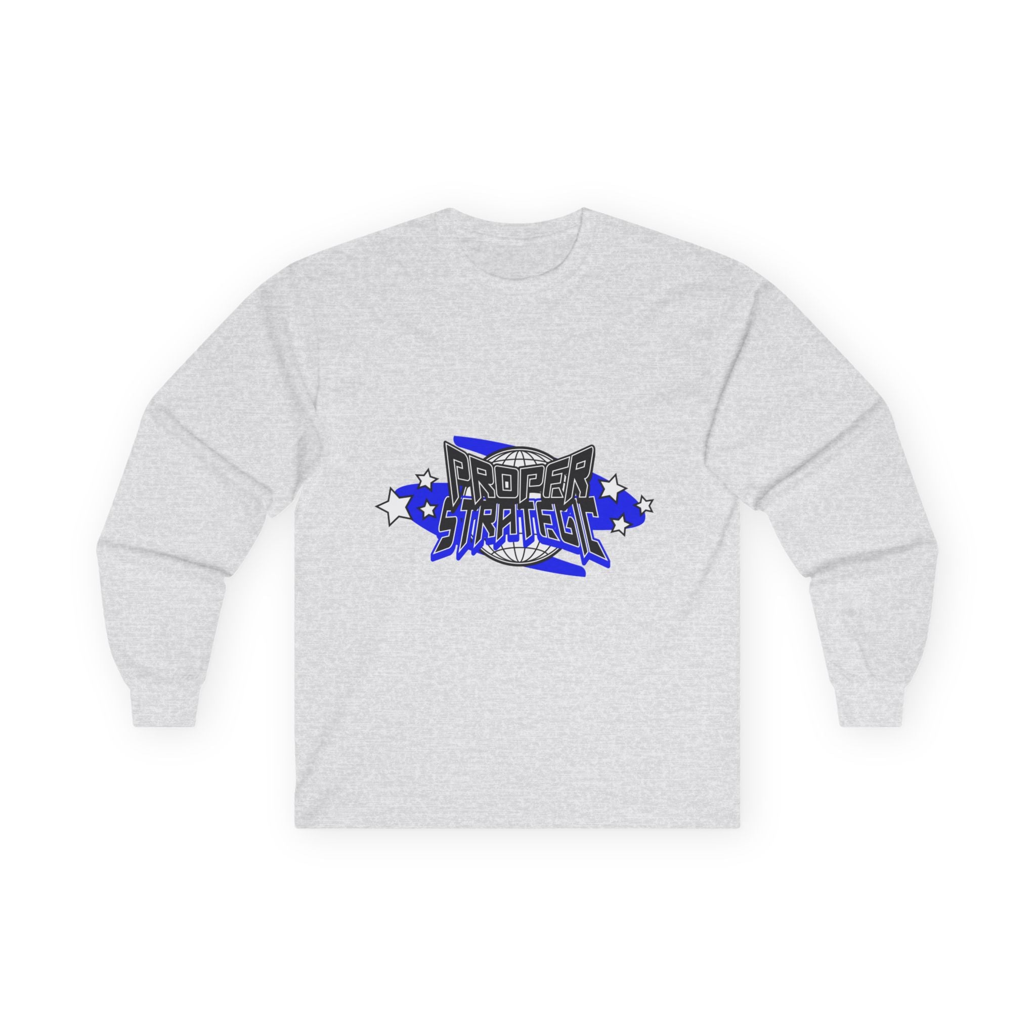 Proper Strategic Long Sleeve Tee — Retro Blue Graphic Shirt for Gamers & Strategists