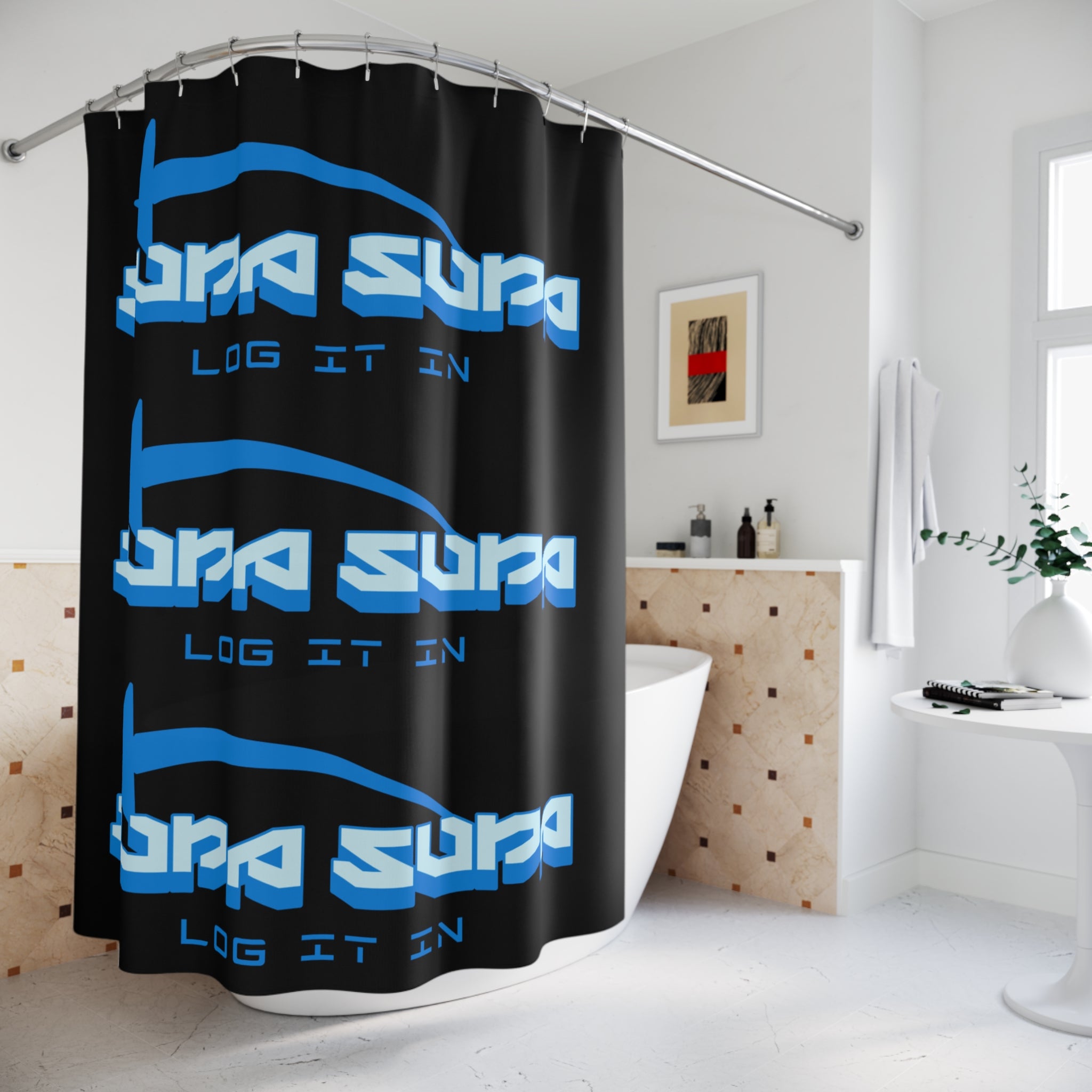 Supa Supa 'Log It In' Graphic Shower Curtain — Blue Retro Gamer Bathroom Decor