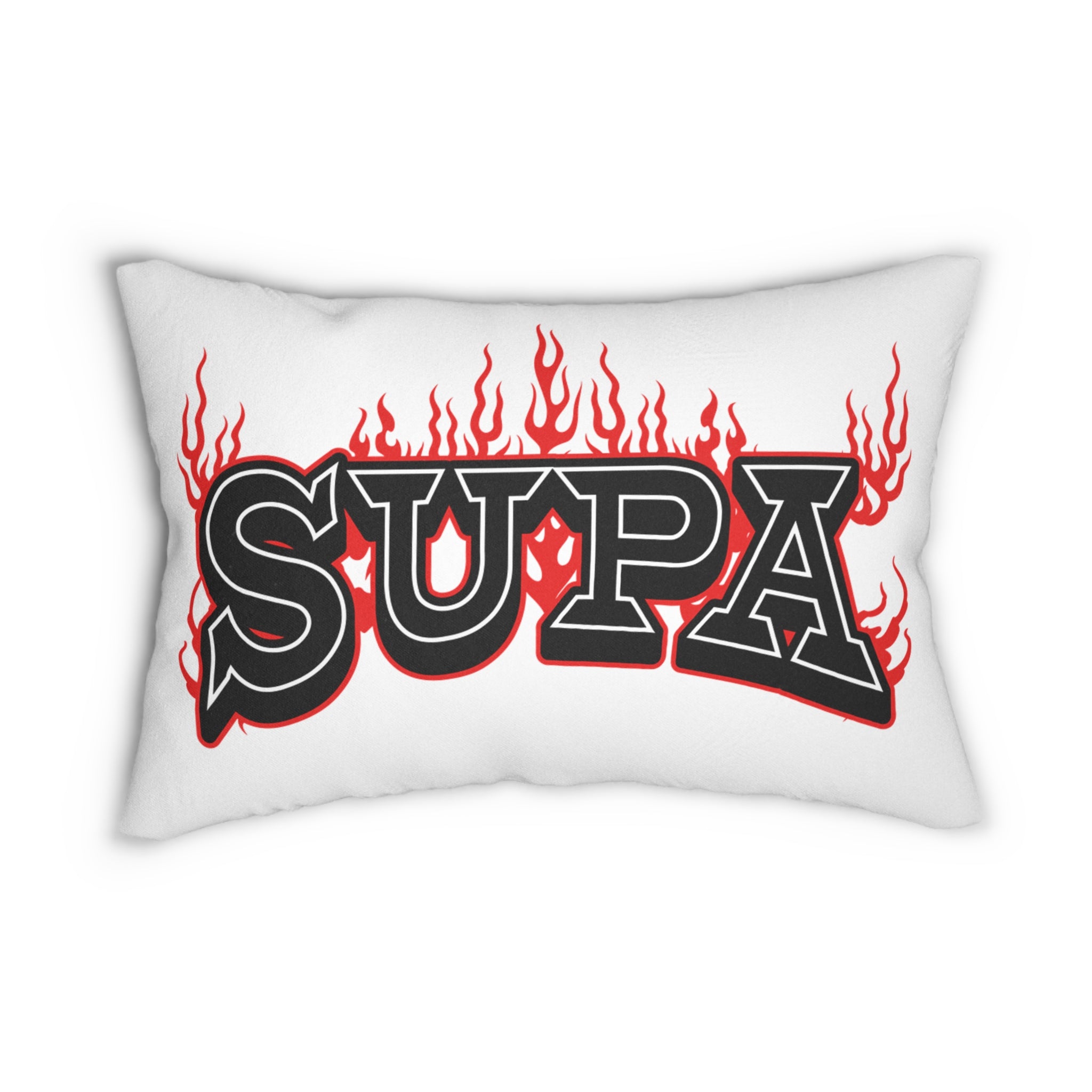 Supa Flame Lumbar Pillow — Retro Bold Typography & Red Flames