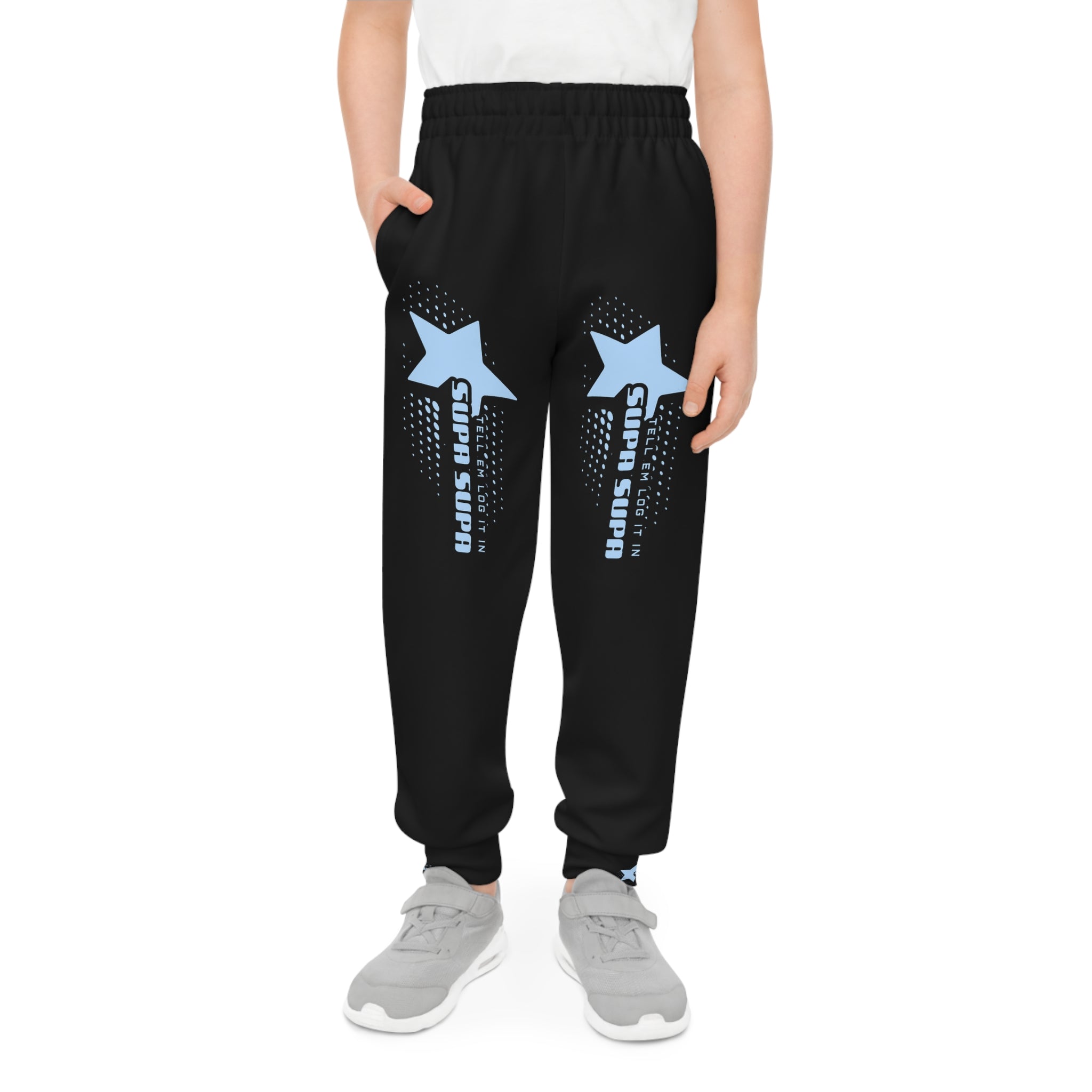 Youth Joggers with Star Graphic — 'Tell em log it in' Blue Accent Kids Sweatpants