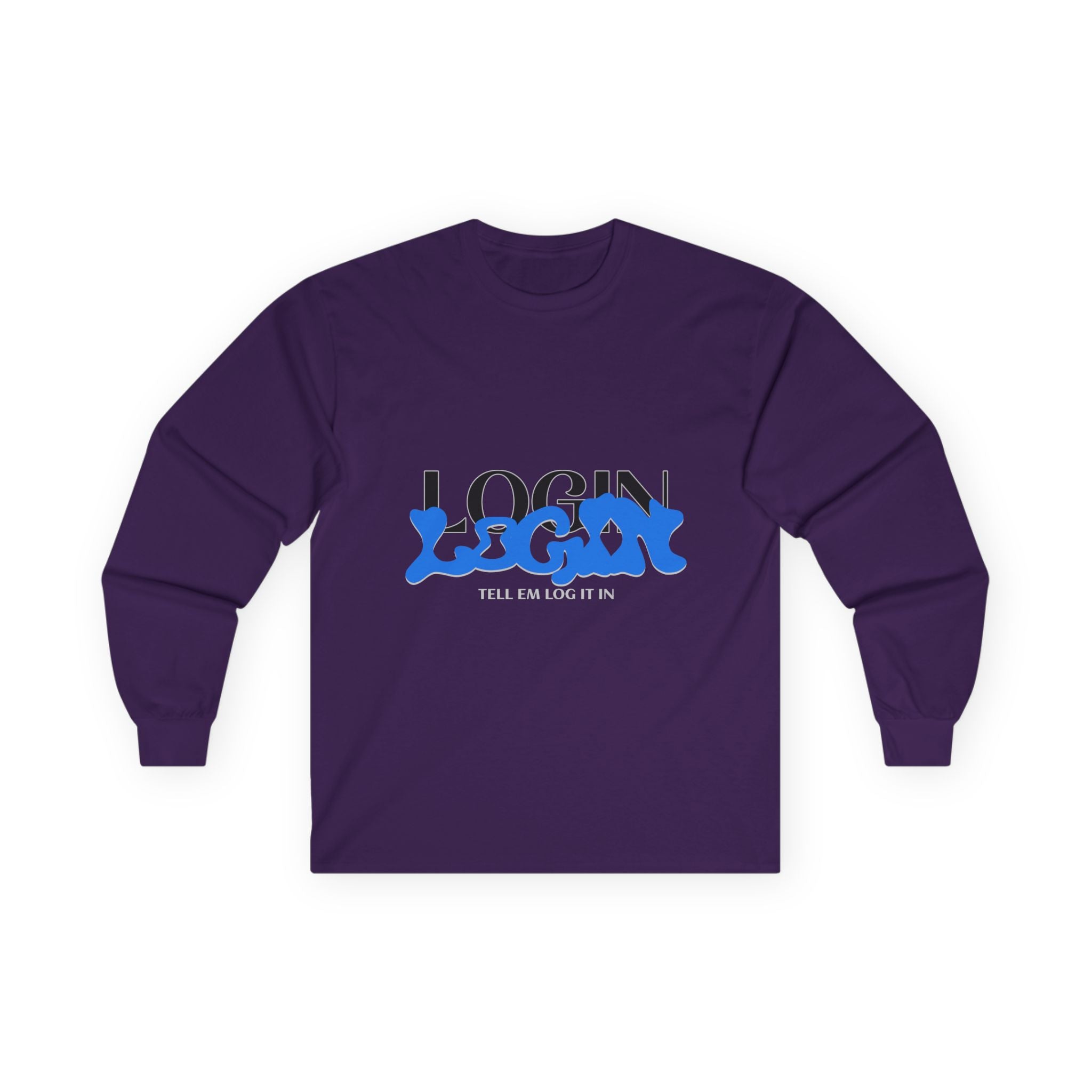 Long Sleeve Tee — "Login" Blue Script Graphic