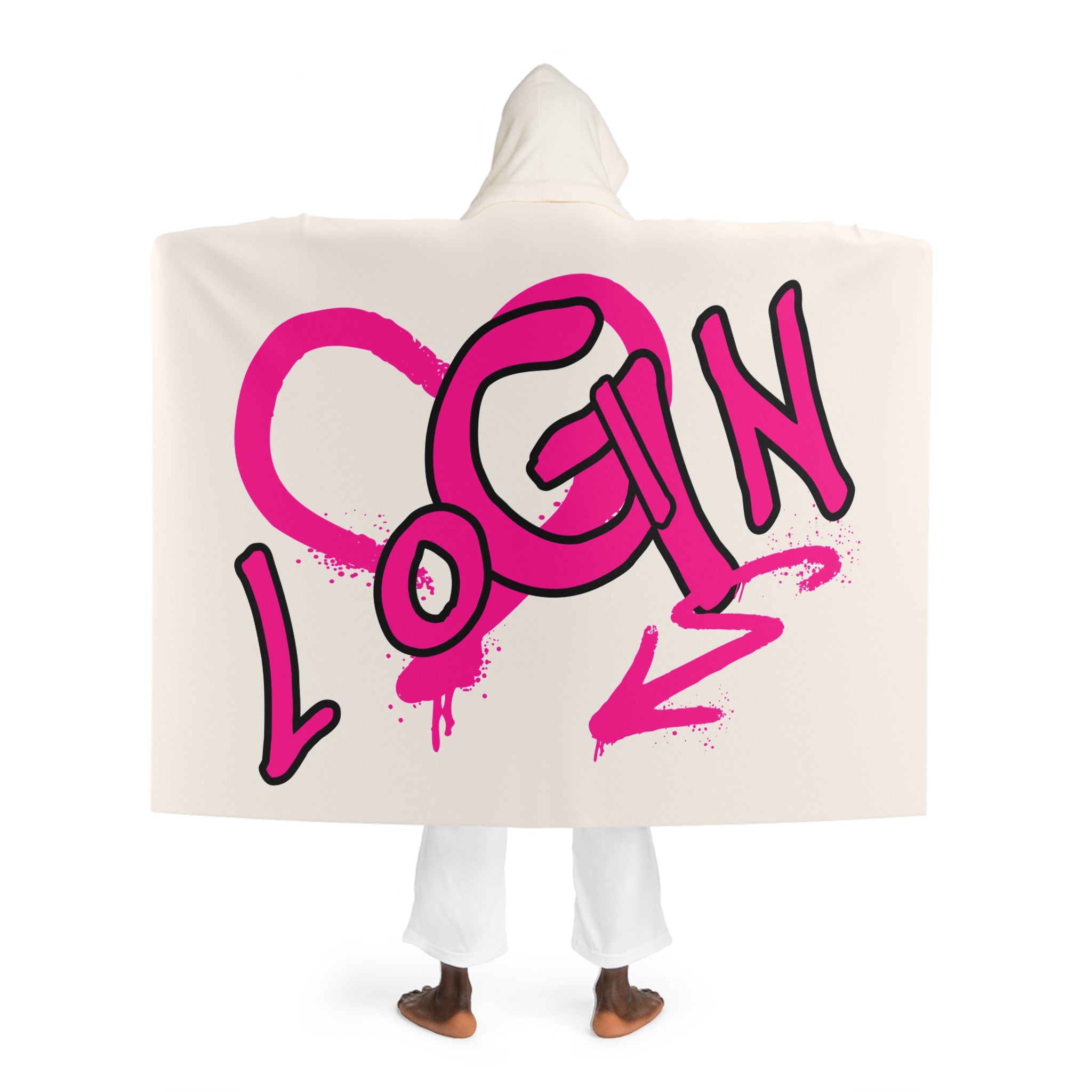 Hooded Sherpa Blanket — Cozy Cream Fleece with Bold 'LOGIN' Graphic