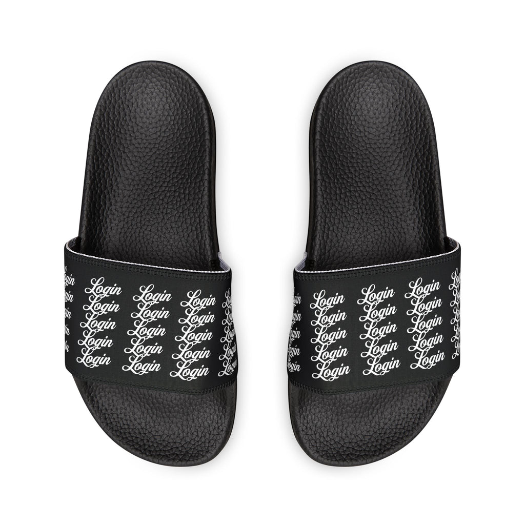 Men's Slide Sandals — Black Login Pattern Removable-Strap Pool Slides