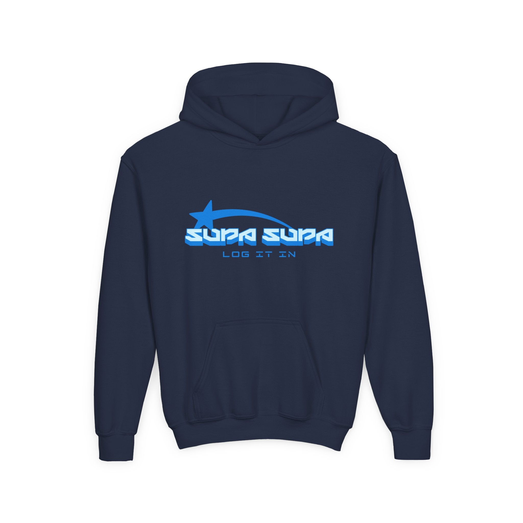 Youth Hoodie - Retro Blue "Supa Supa" Logo "Log It In" Graphic