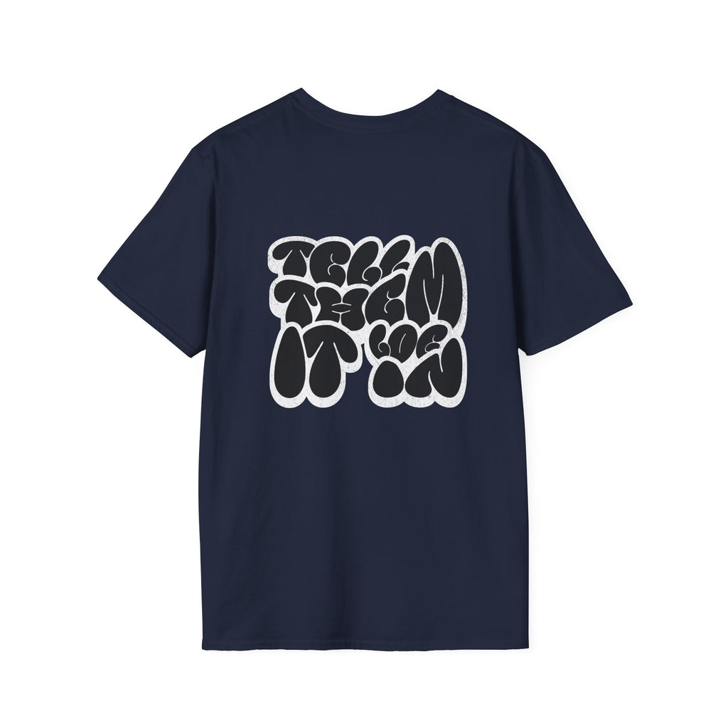 Abstract Bubble Letter Graphic "LOG IT IN" T-Shirt — Vintage Black Text Design