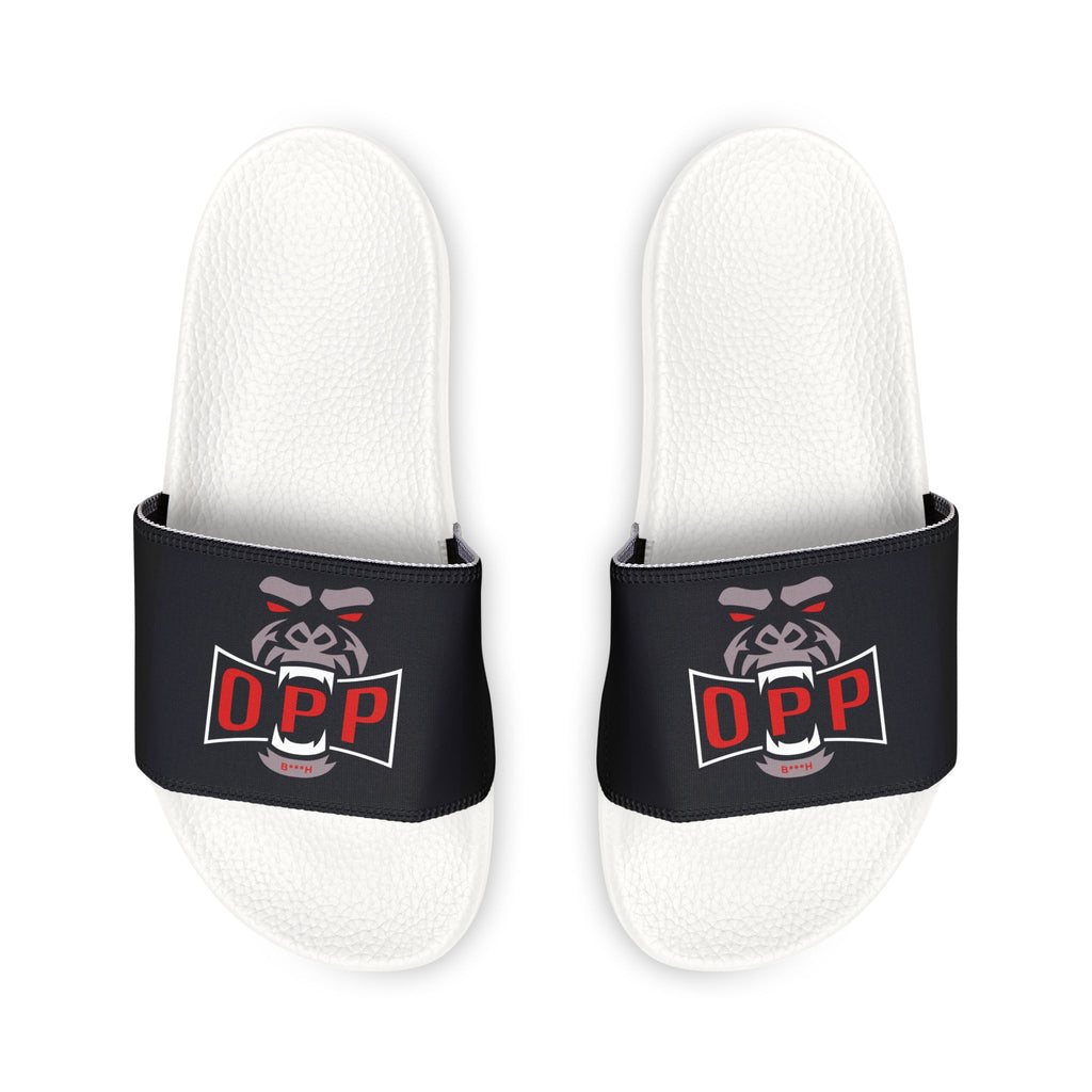 Women's Slide Sandals — Black Strap with 'Opp' Logo Graphic