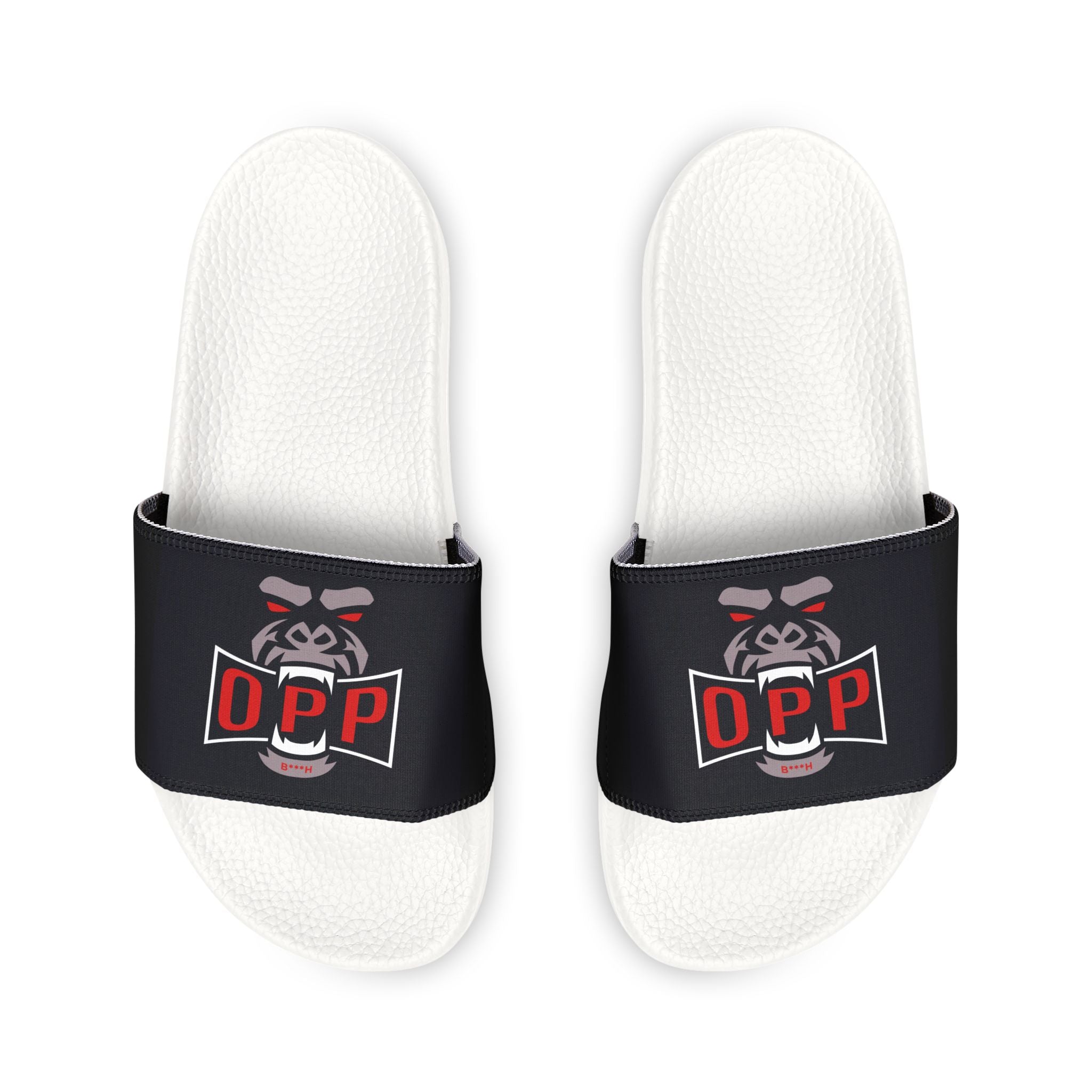 Women's Slide Sandals — Black Strap with 'Opp' Logo Graphic