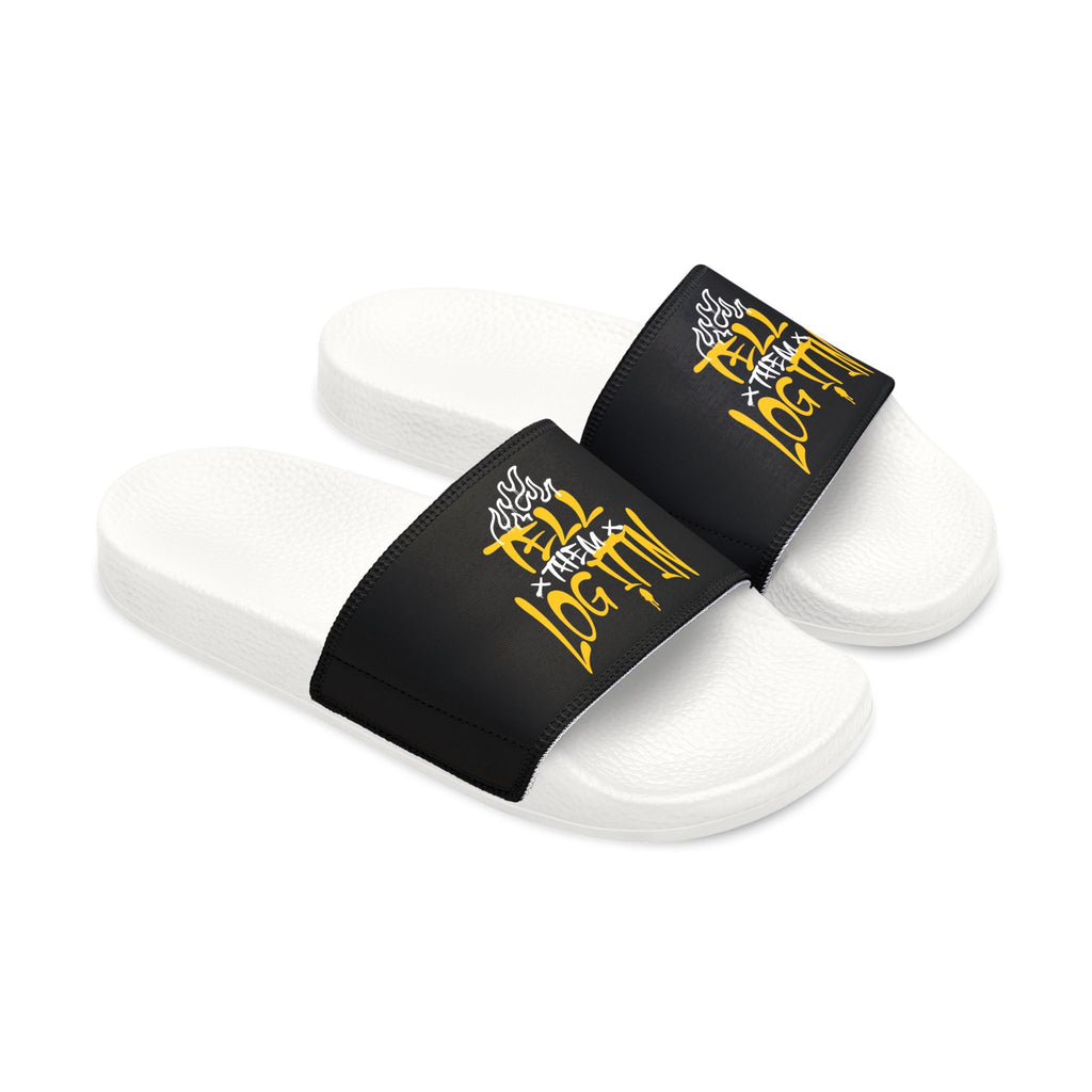 Slide Sandals — Black Straps with Yellow Graffiti "Tell em Log it in" Design