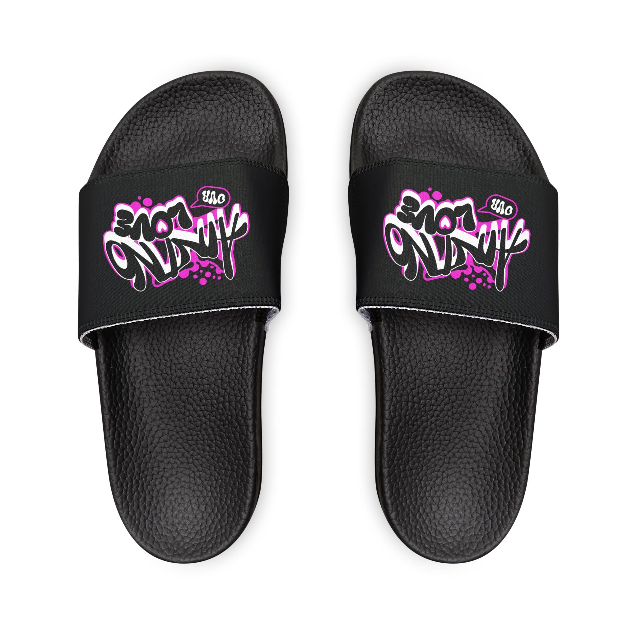 Slide Sandals — Black Graffiti 'NO LOVE' Removable-Strap Pool Slides for Women