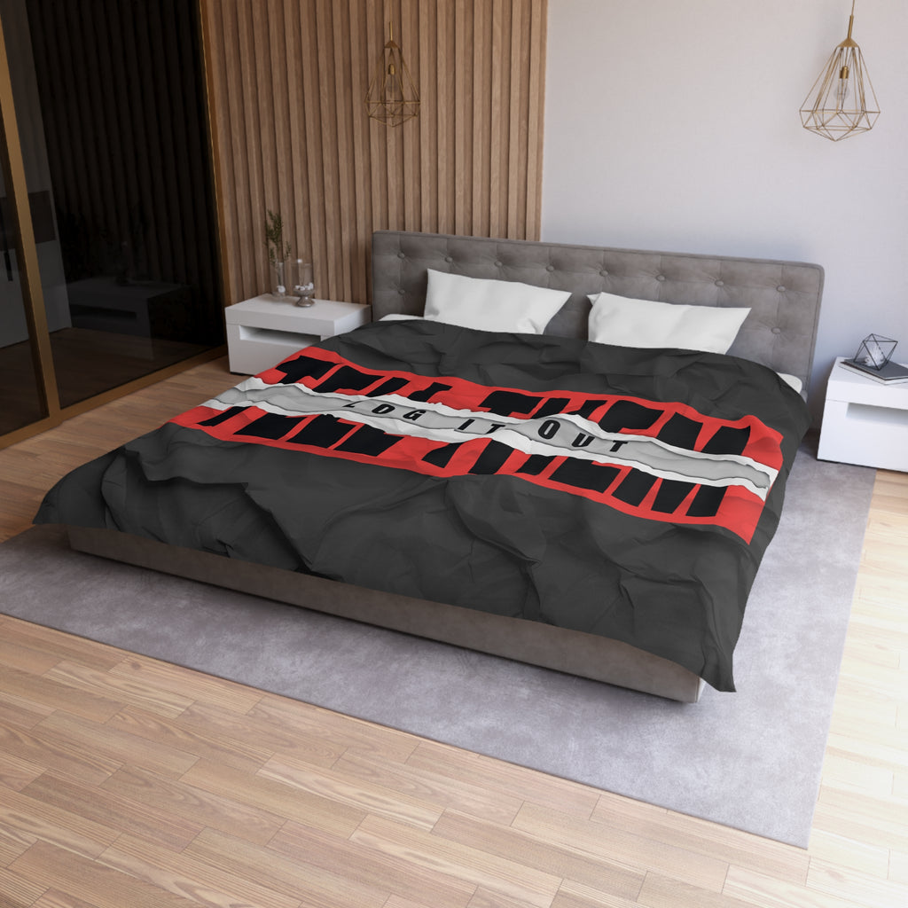 Duvet Cover — Bold 'Log It Out' Graphic Microfiber Duvet (Crinkled Black & Red)
