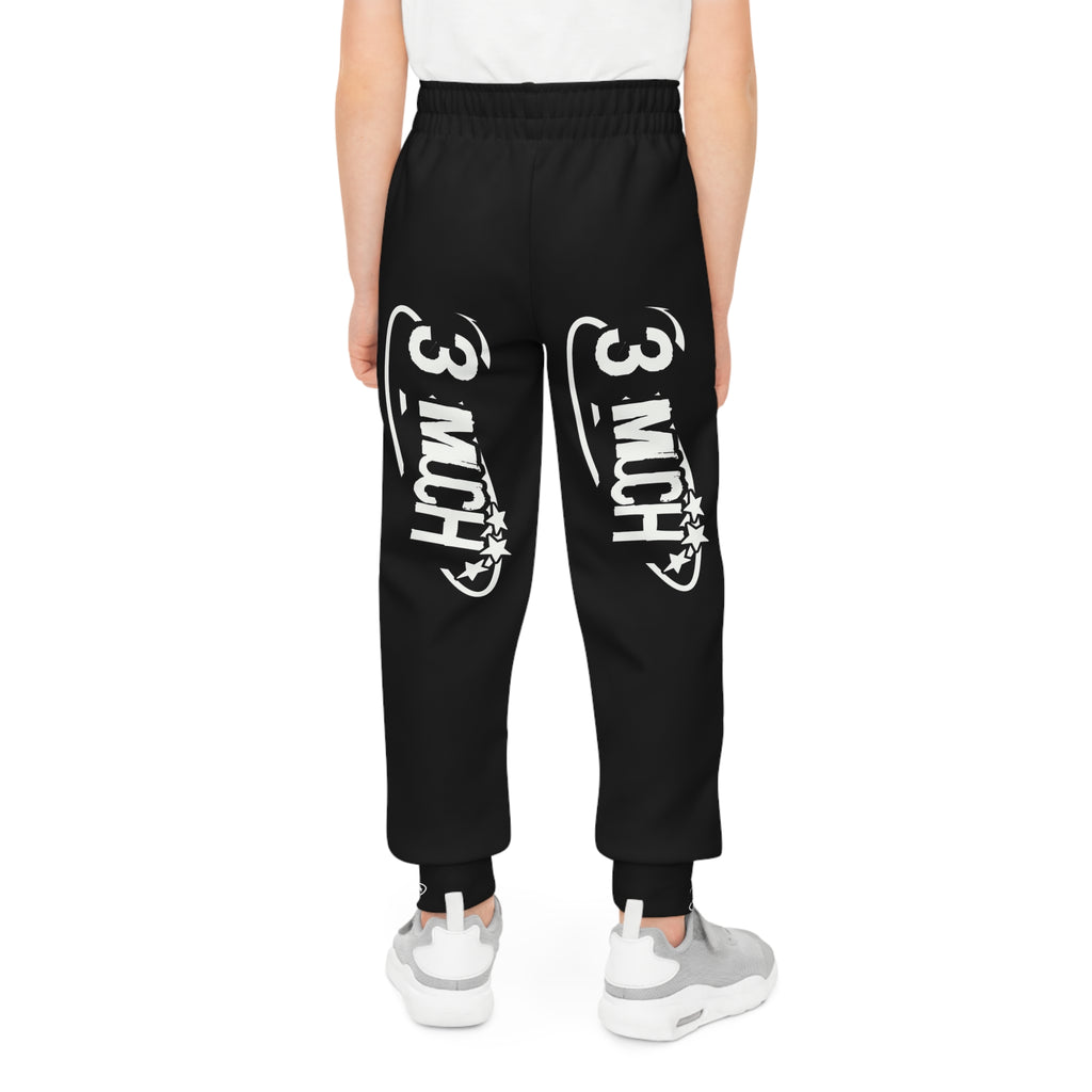 Youth Joggers — Black “3 MUCH” Graphic Sweatpants for Kids