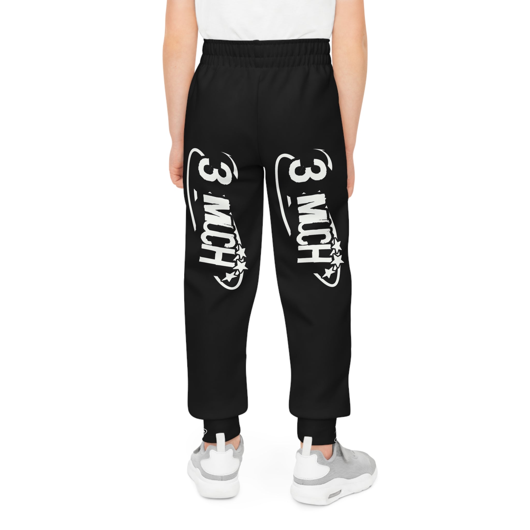 Youth Joggers — Black “3 MUCH” Graphic Sweatpants for Kids
