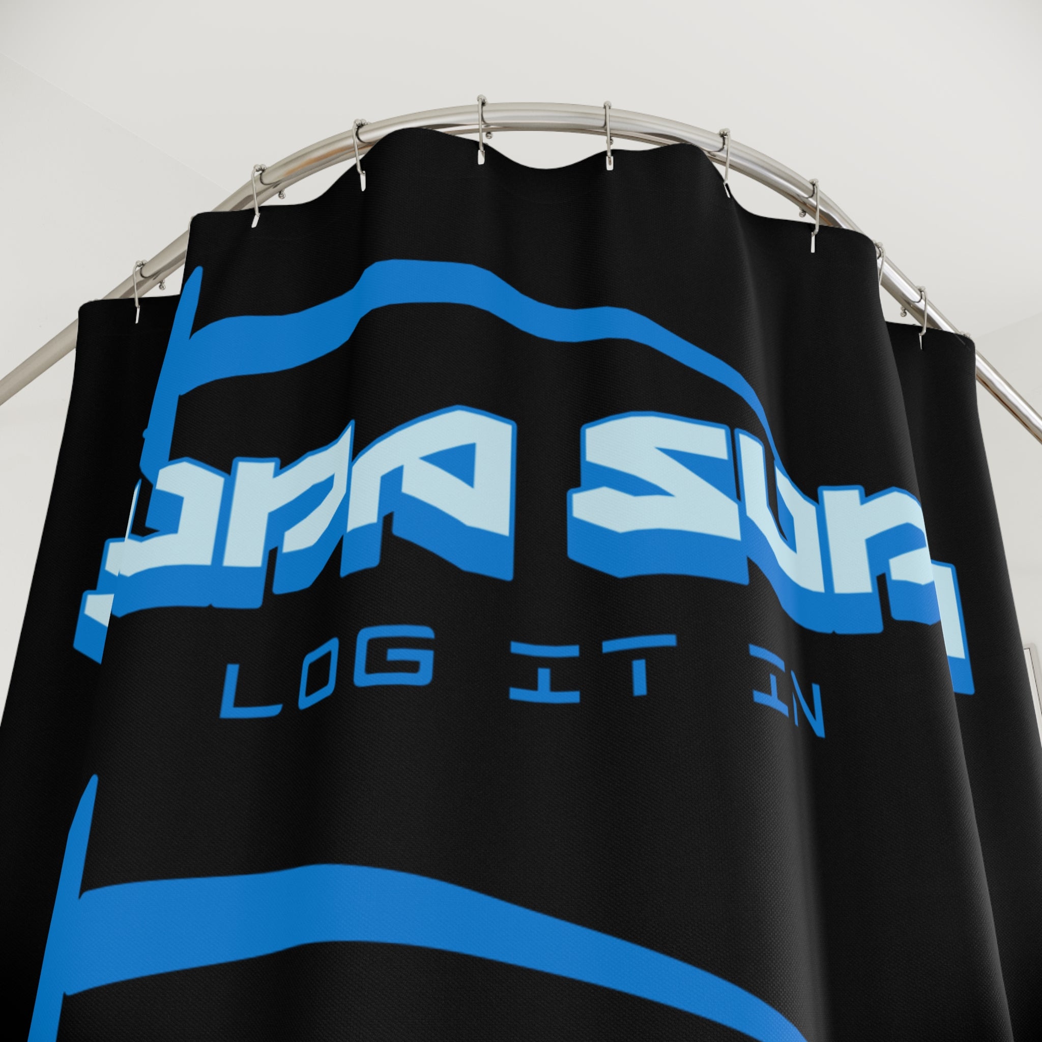 Supa Supa 'Log It In' Graphic Shower Curtain — Blue Retro Gamer Bathroom Decor