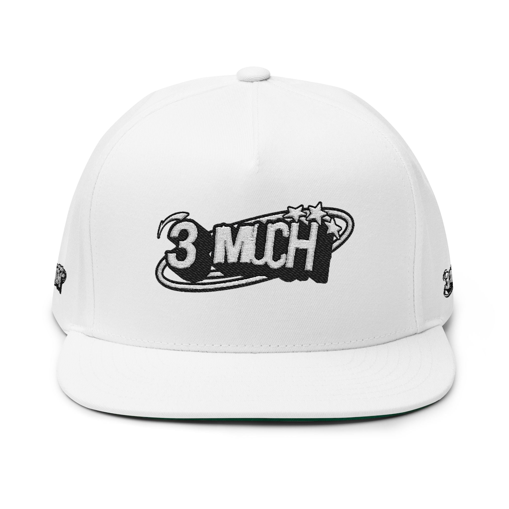 Embroidered Flat Bill Cap — 3 MuCH Retro Logo Snapback