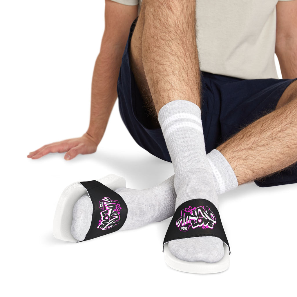 Men's Slide Sandals — Black Strap with NO LOVE Graffiti "Aint love design" Design