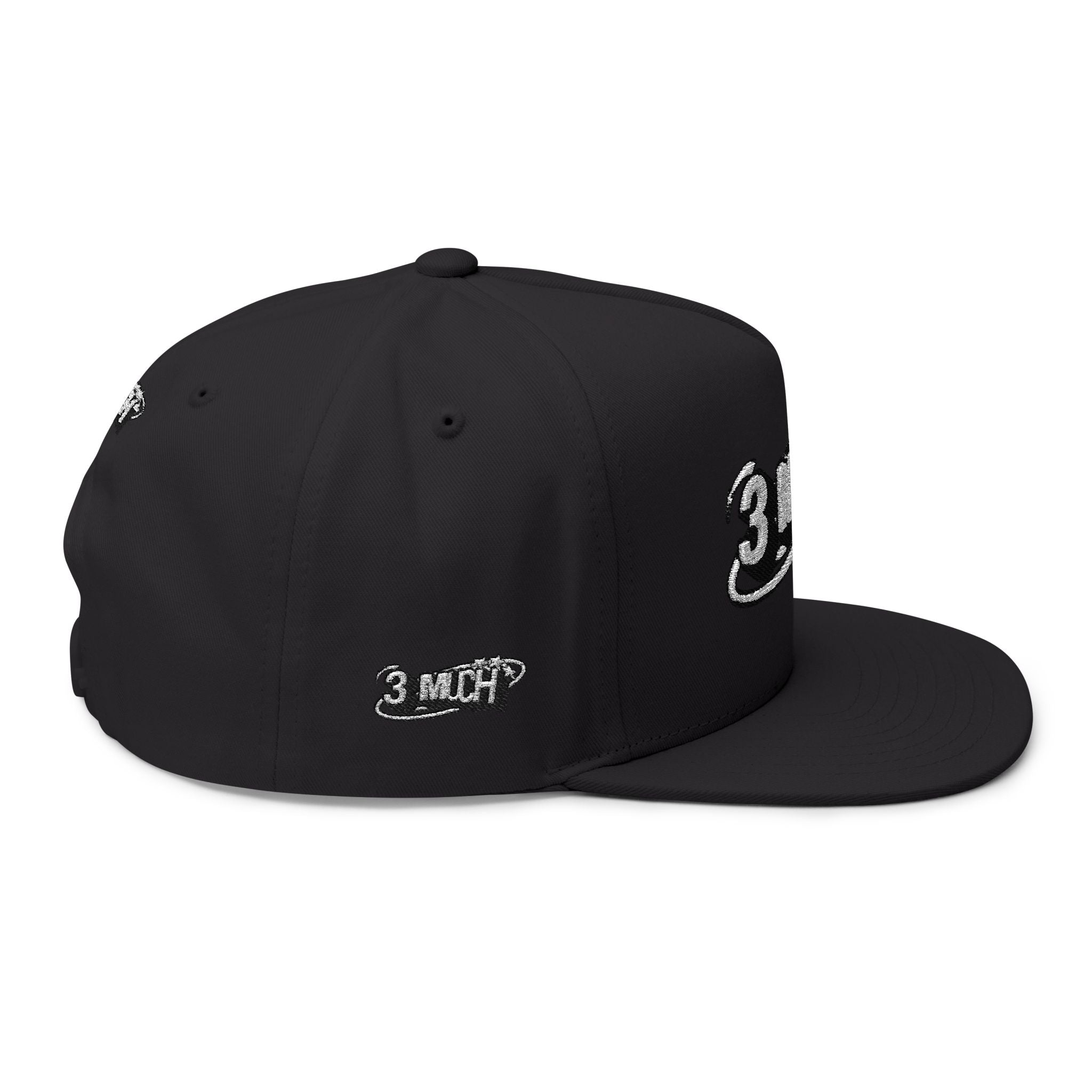 Embroidered Flat Bill Cap — 3 MuCH Retro Logo Snapback
