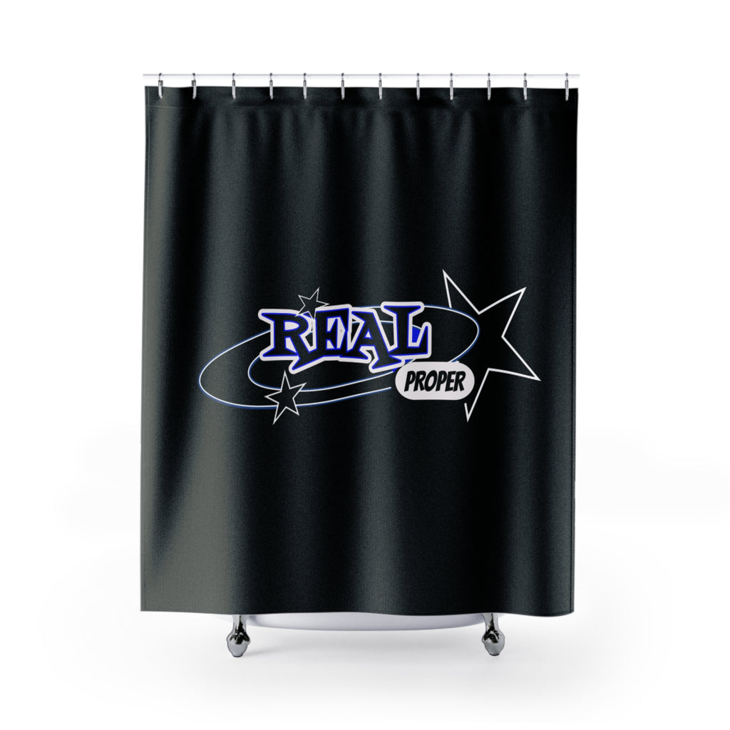"Real Proper" Graphic Shower Curtain — Retro Star Logo Black Bathroom Decor
