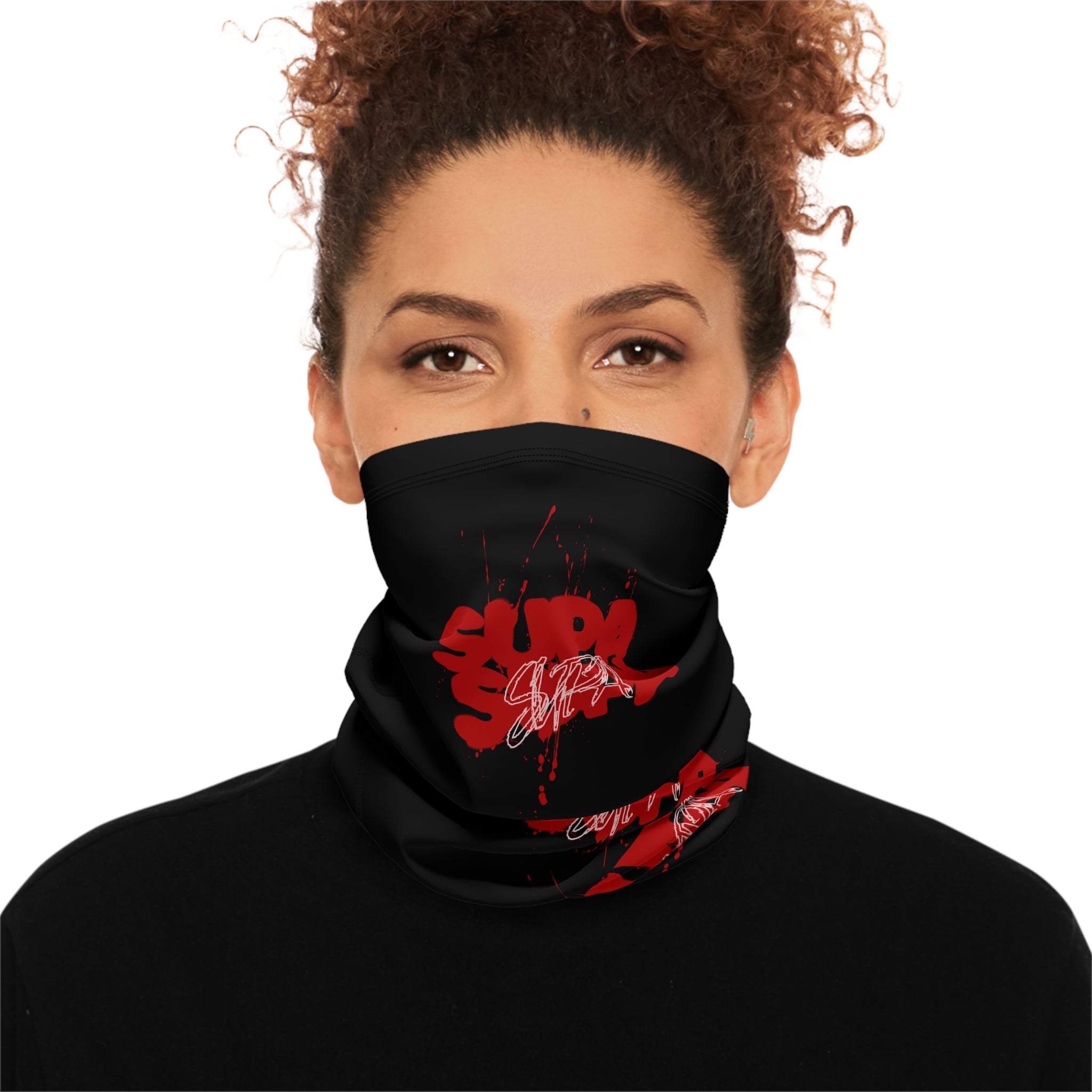 Neck Gaiter — Black 'Supa' Red Graphic Winter Face Mask with Drawstring