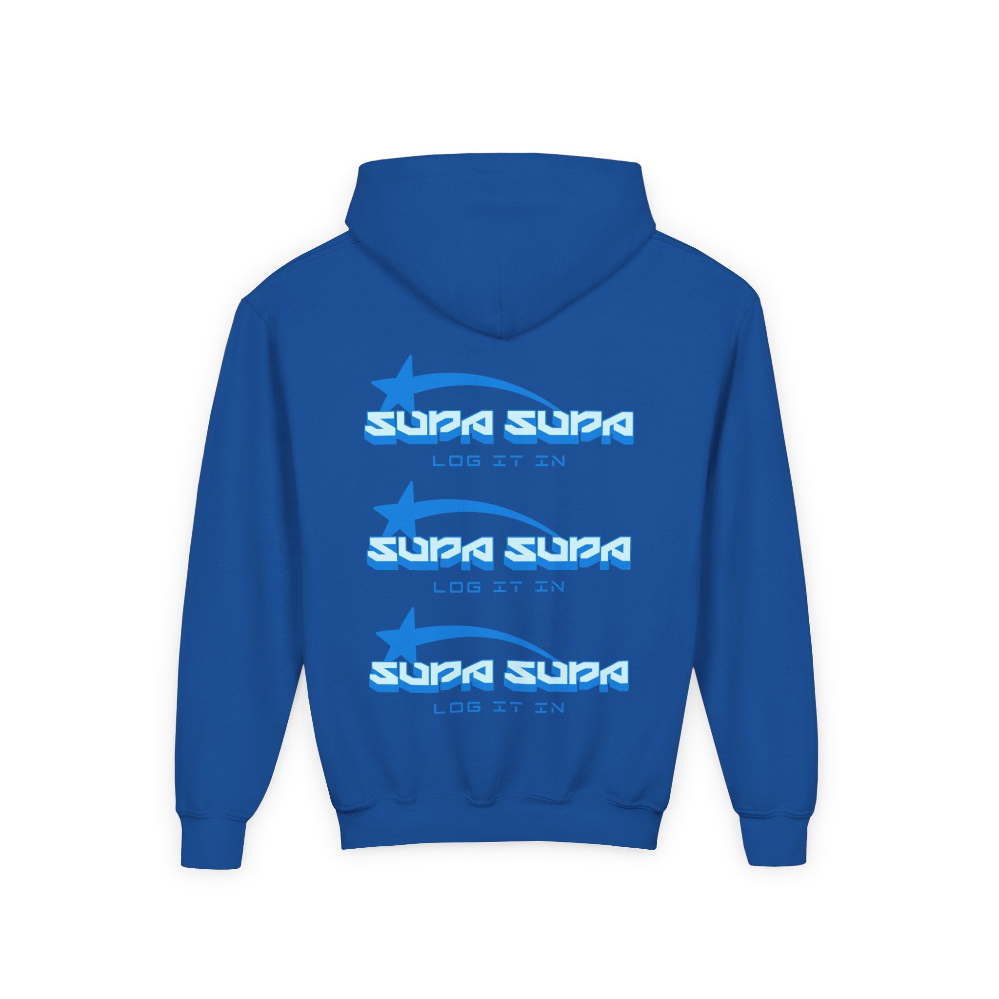 Youth Hoodie - Retro Blue "Supa Supa" Logo "Log It In" Graphic