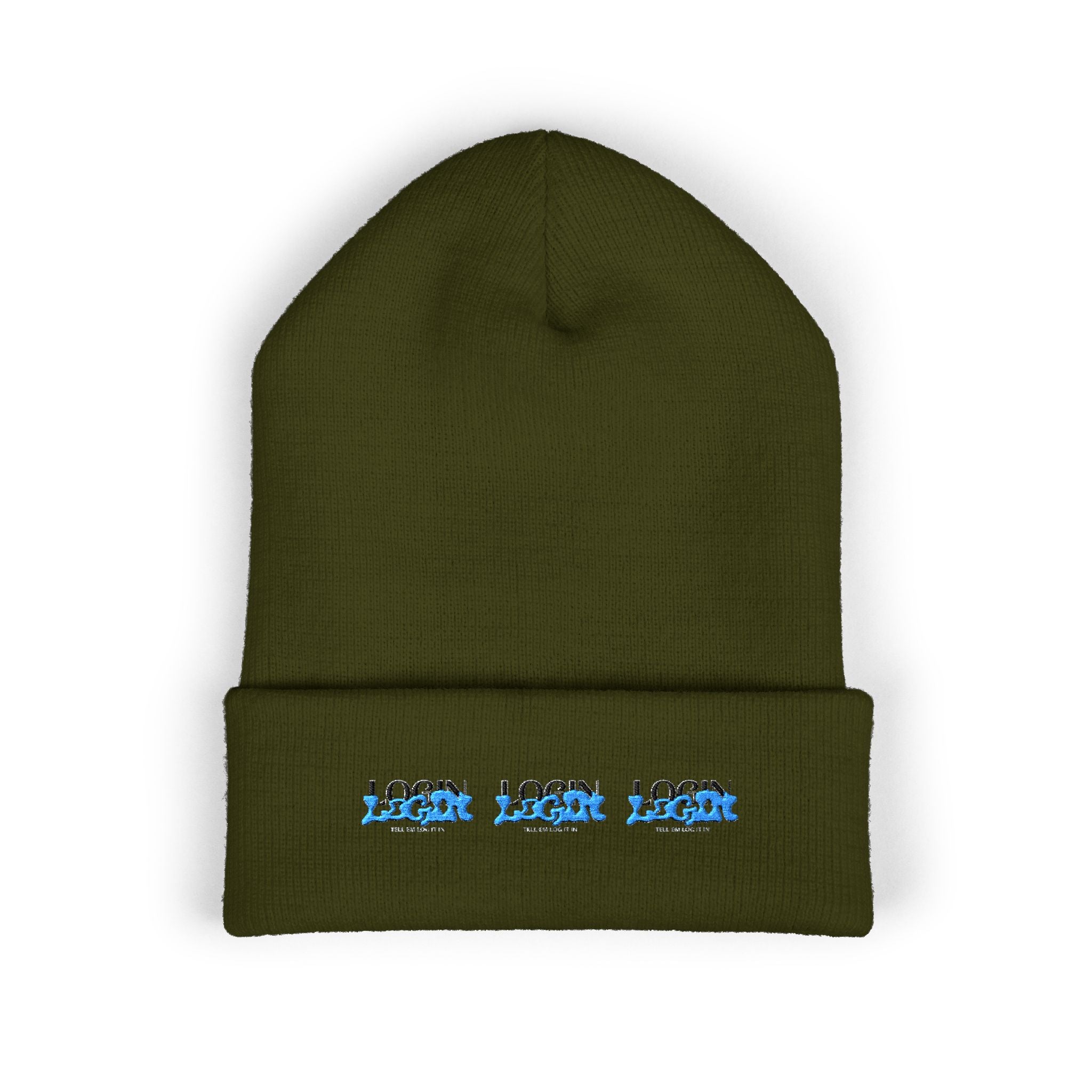Embroidered 'Login' Cuffed Beanie — Minimal Winter Knit Hat