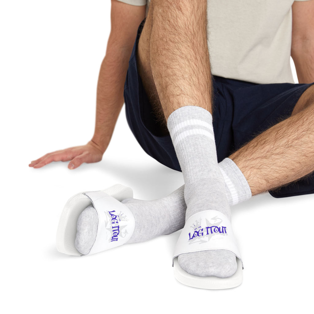 Men's Slide Sandals — White Removable-Strap Slides with 'Log it out' Graphic