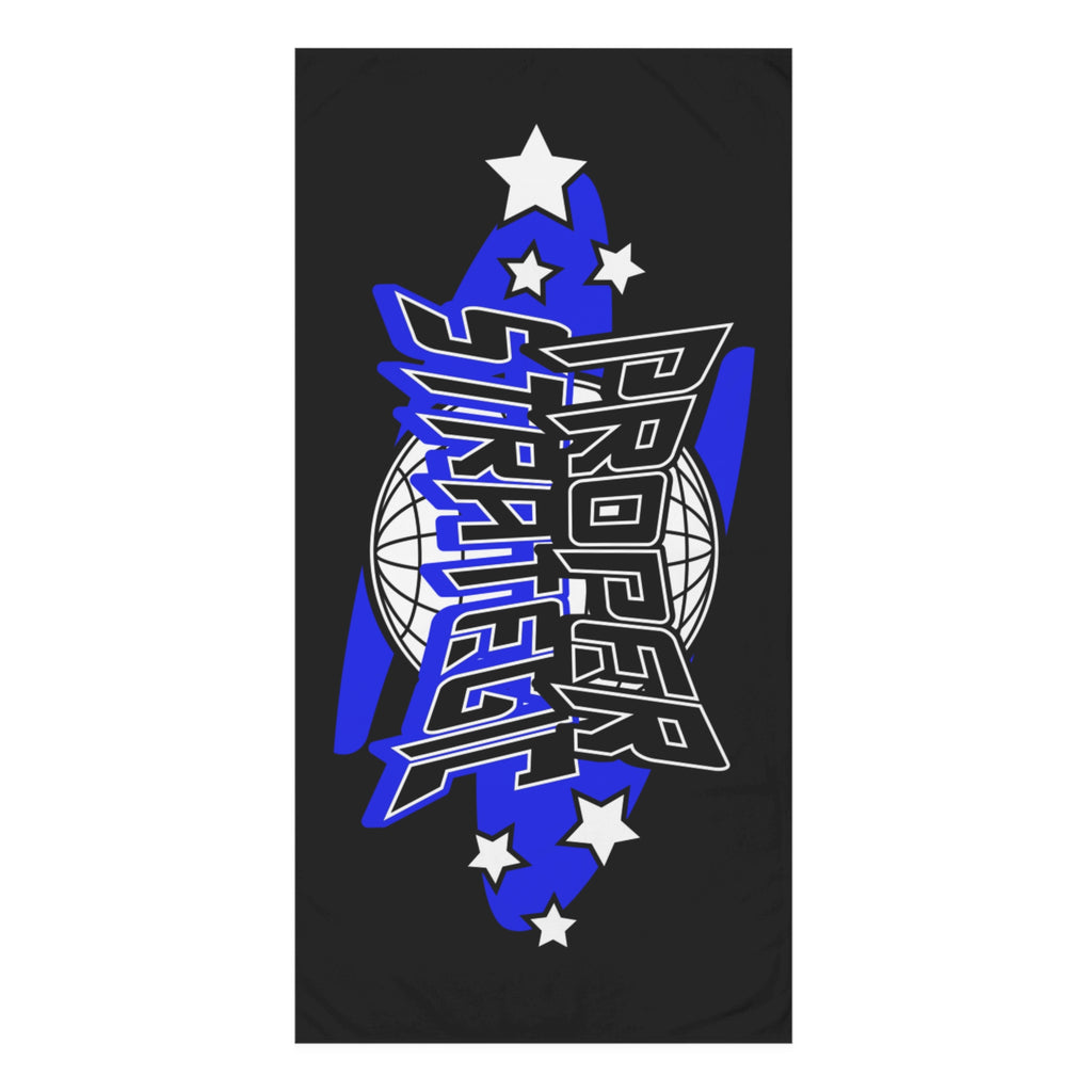 Proper Strategic Logo Beach Towel — Black & Blue Graphic Cotton Towel