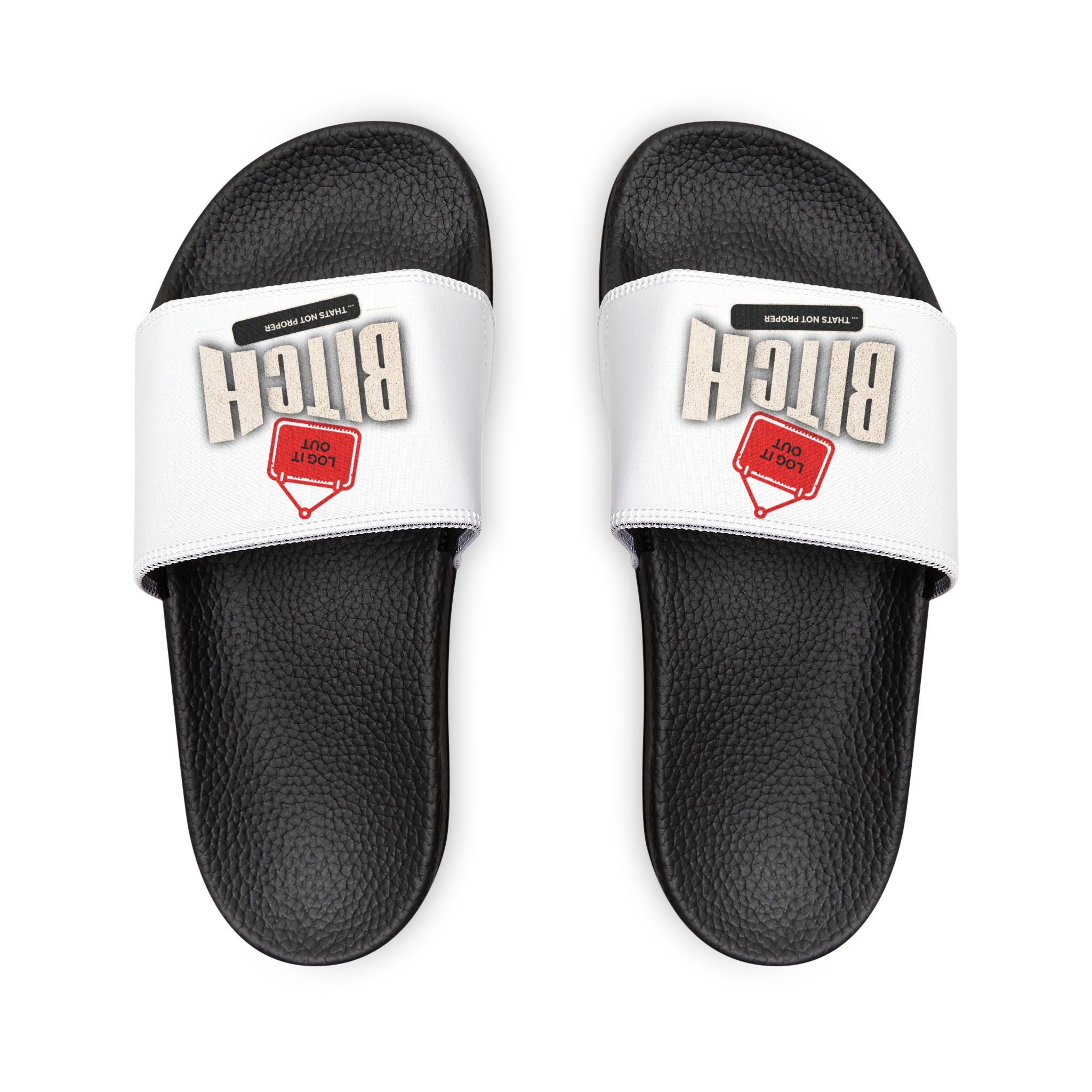 Mens Slide Sandals — White ‘Log it out’ Bold Graphic Strap Slides