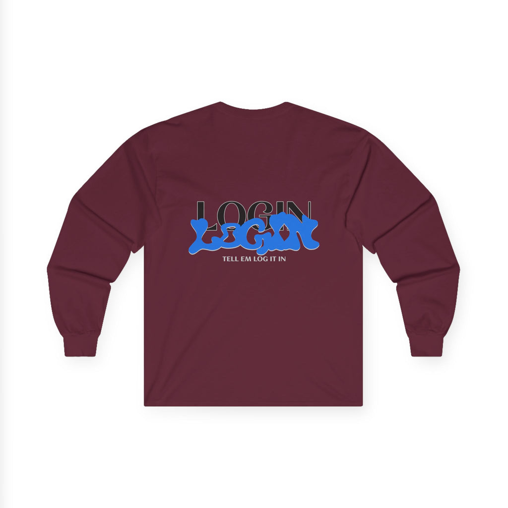 Long Sleeve Tee — "Login" Blue Script Graphic