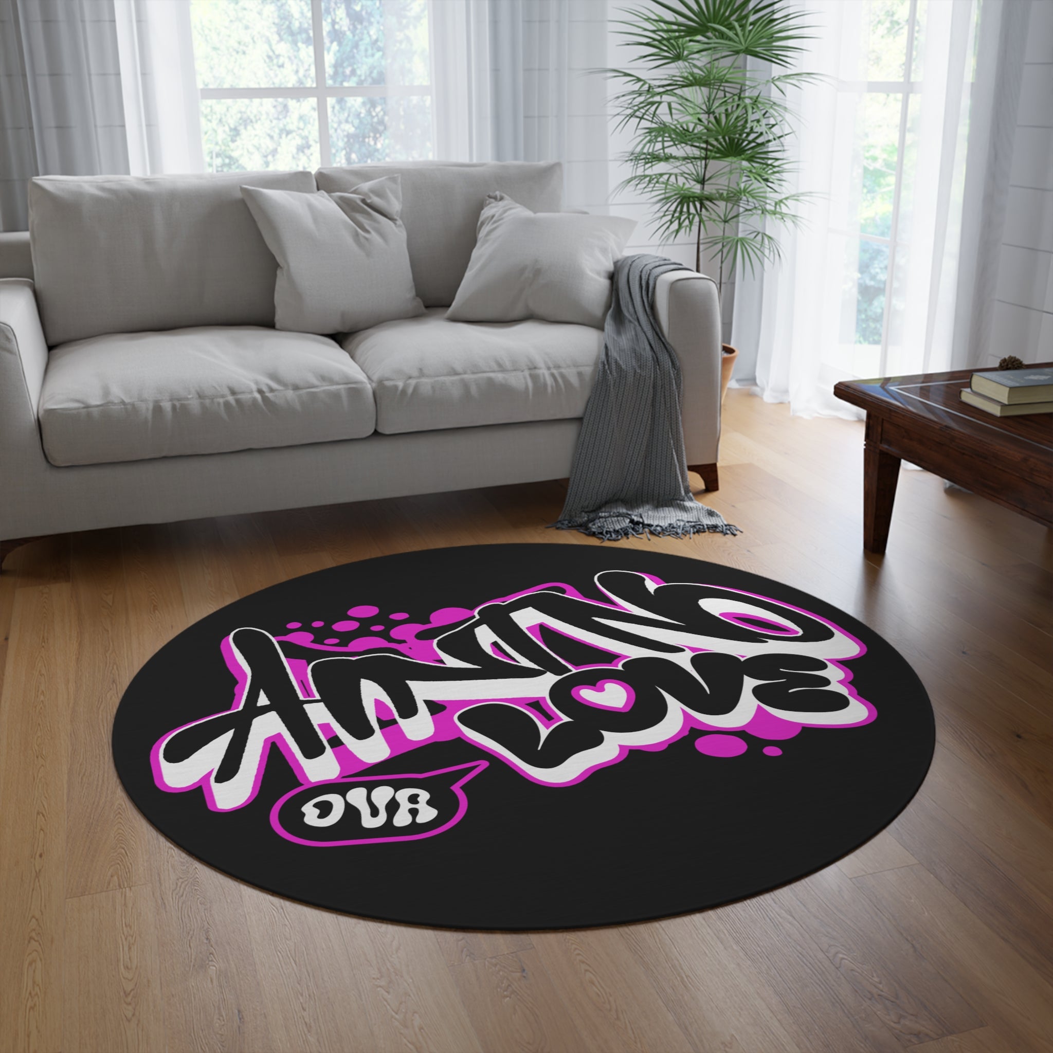 Round Rug — Graffiti "NO LOVE" Design (Black & Pink)