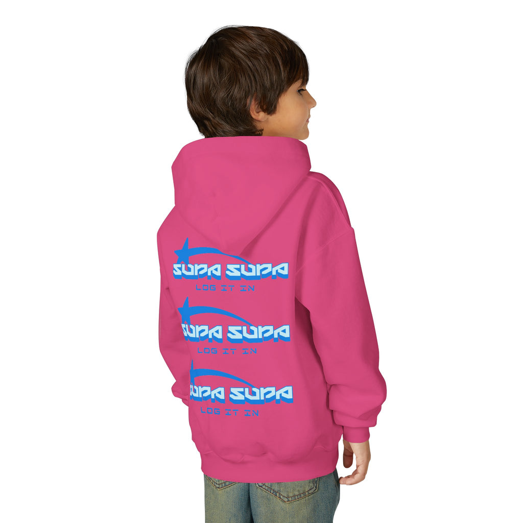 Youth Hoodie - Retro Blue "Supa Supa" Logo "Log It In" Graphic