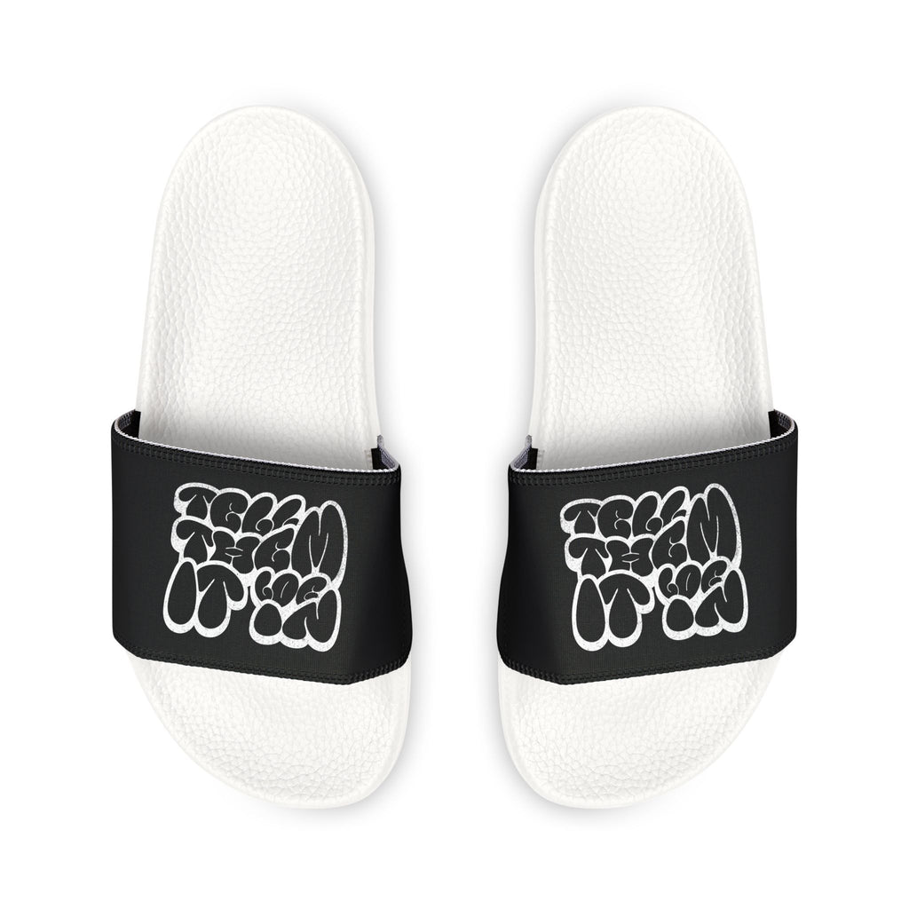 Slide Sandals — Men’s Black Strap Slides with White "LOG IT IN "Graffiti Text