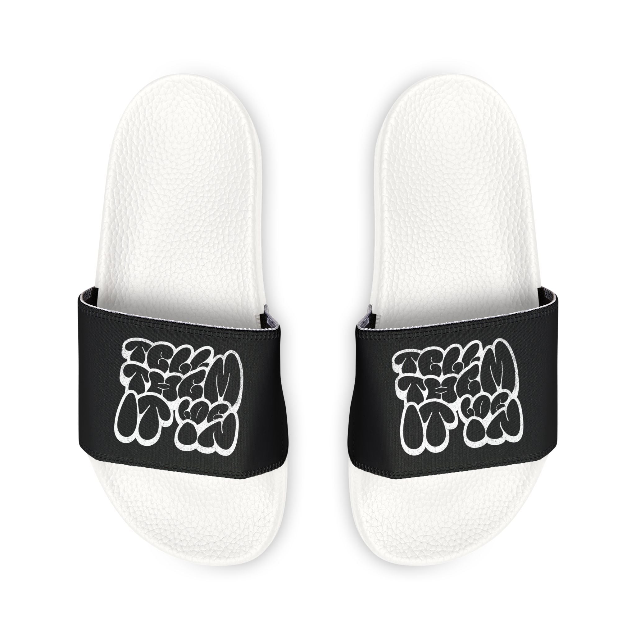 Slide Sandals — Men’s Black Strap Slides with White "LOG IT IN "Graffiti Text