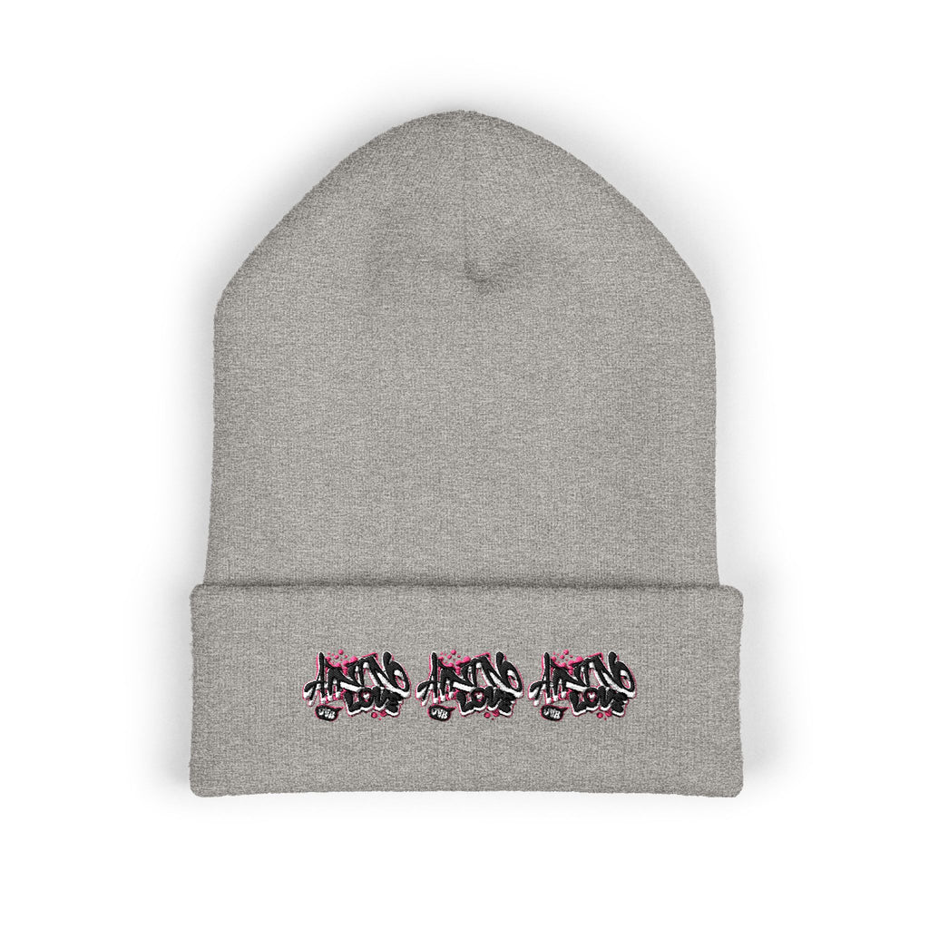 Embroidered Floral Beanie — "NO LOVE" Cuffed Knit Hat