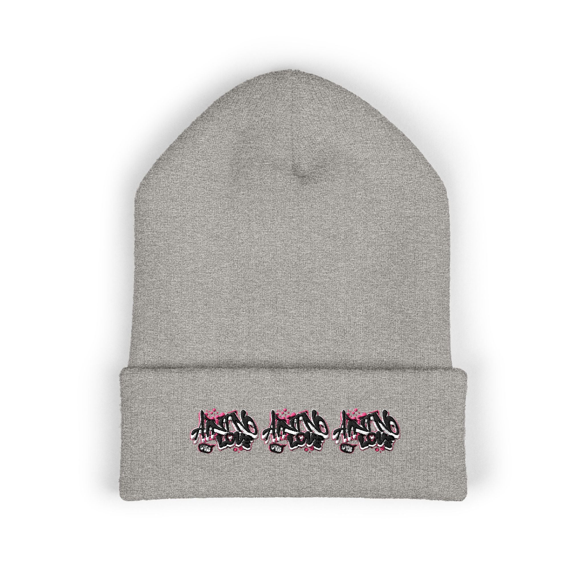 Embroidered Floral Beanie — "NO LOVE" Cuffed Knit Hat
