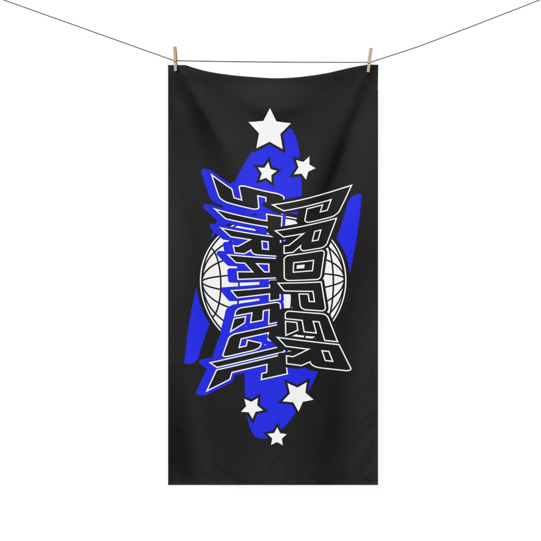 Proper Strategic Logo Beach Towel — Black & Blue Graphic Cotton Towel