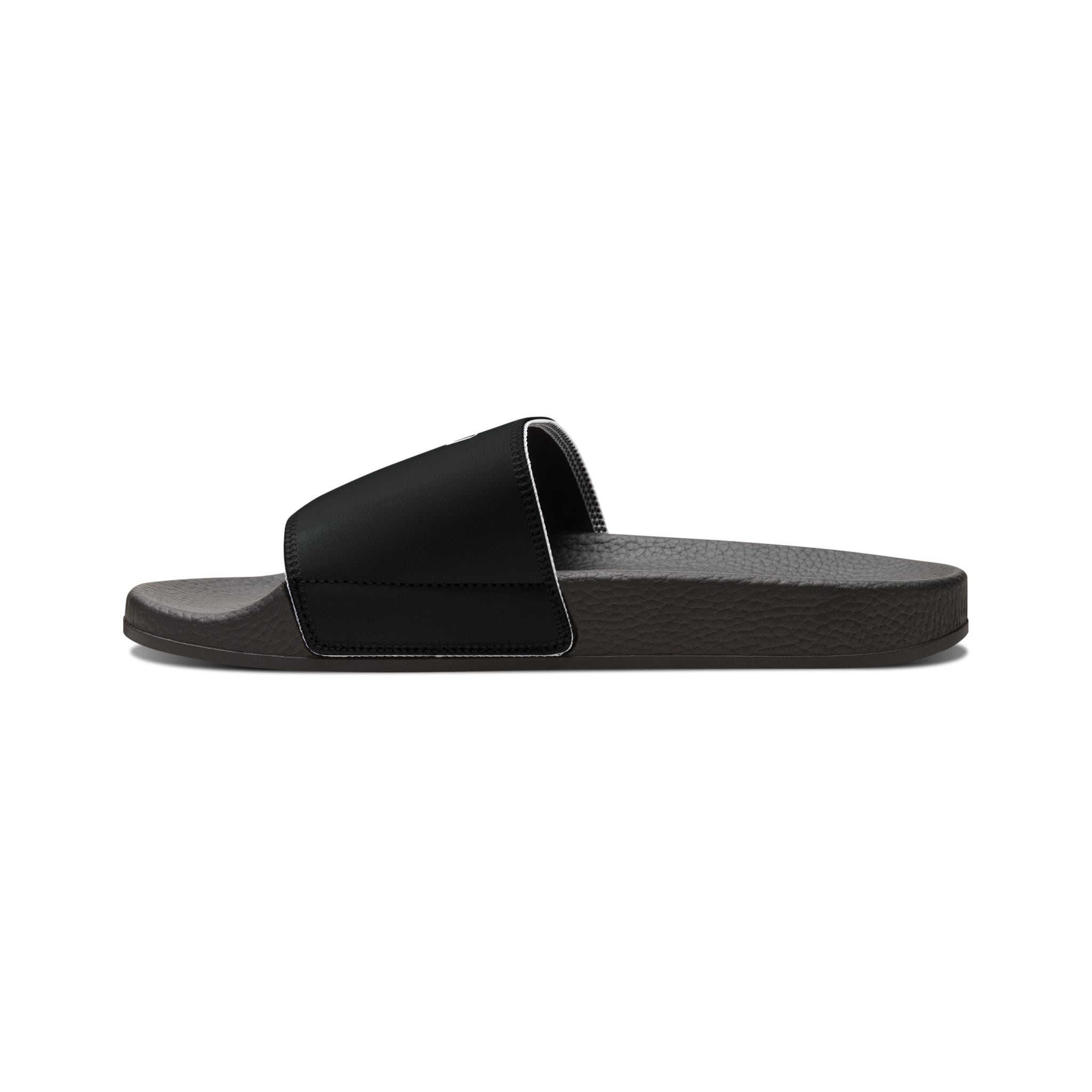 Mens Slide Sandals — Black Strap Slides with Retro "Watch your back" Logo