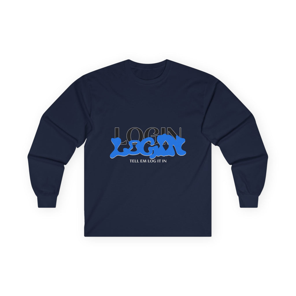 Long Sleeve Tee — "Login" Blue Script Graphic