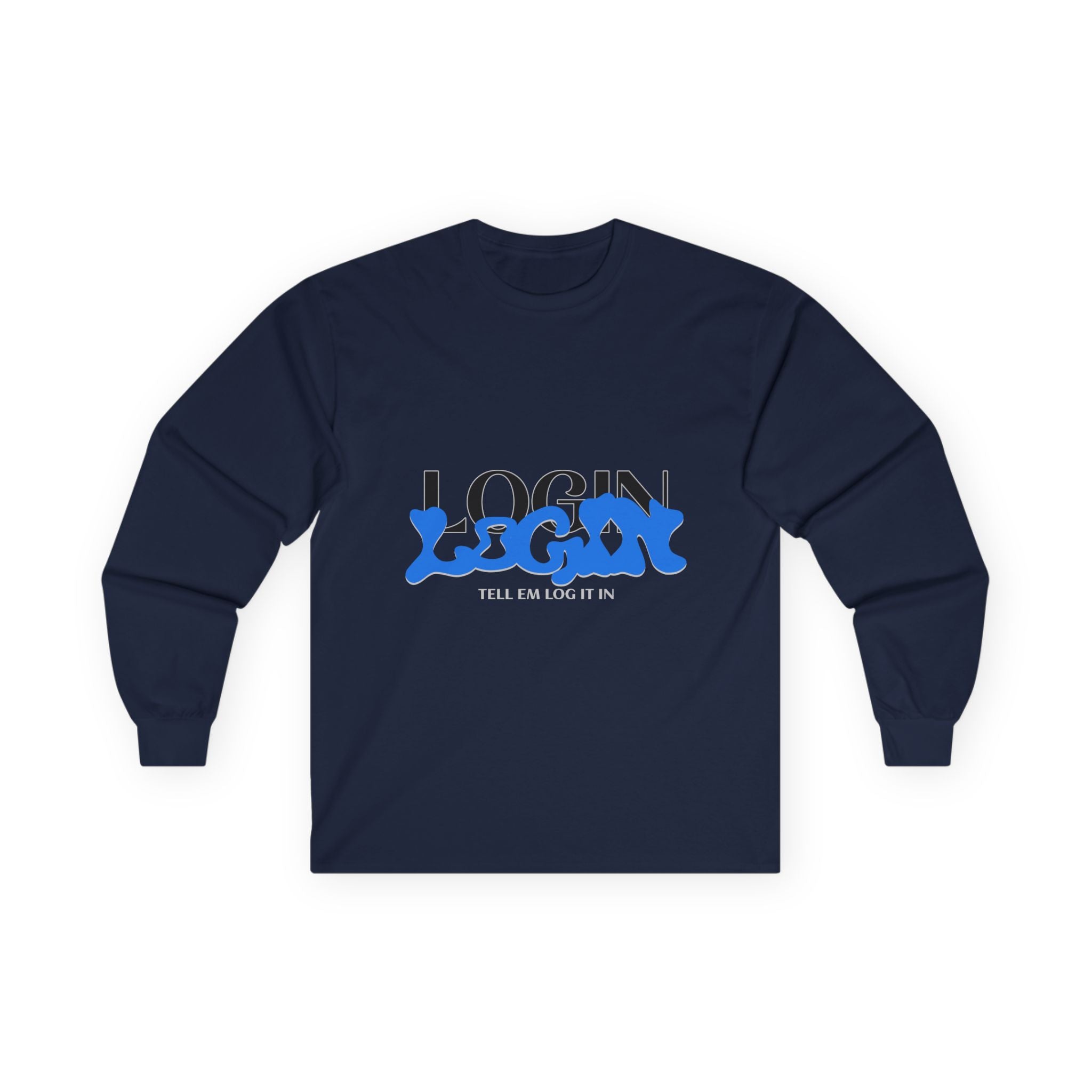 Long Sleeve Tee — "Login" Blue Script Graphic