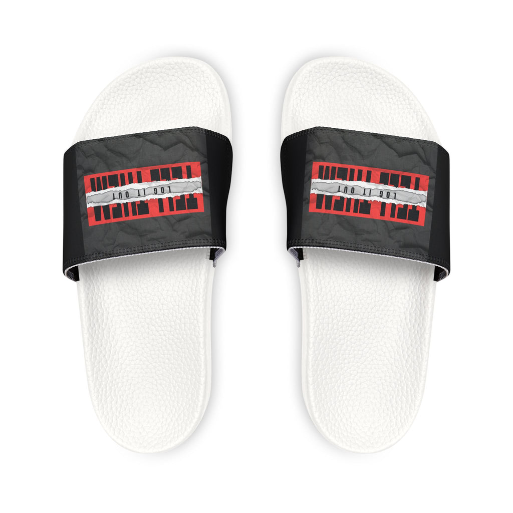 Women's Removable-Strap Slide Sandals — White Casual Slides with "LOG IT OUT" Graphic