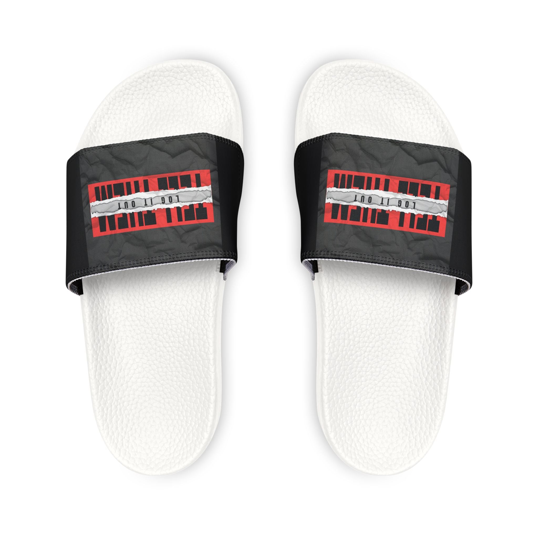 Women's Removable-Strap Slide Sandals — White Casual Slides with "LOG IT OUT" Graphic