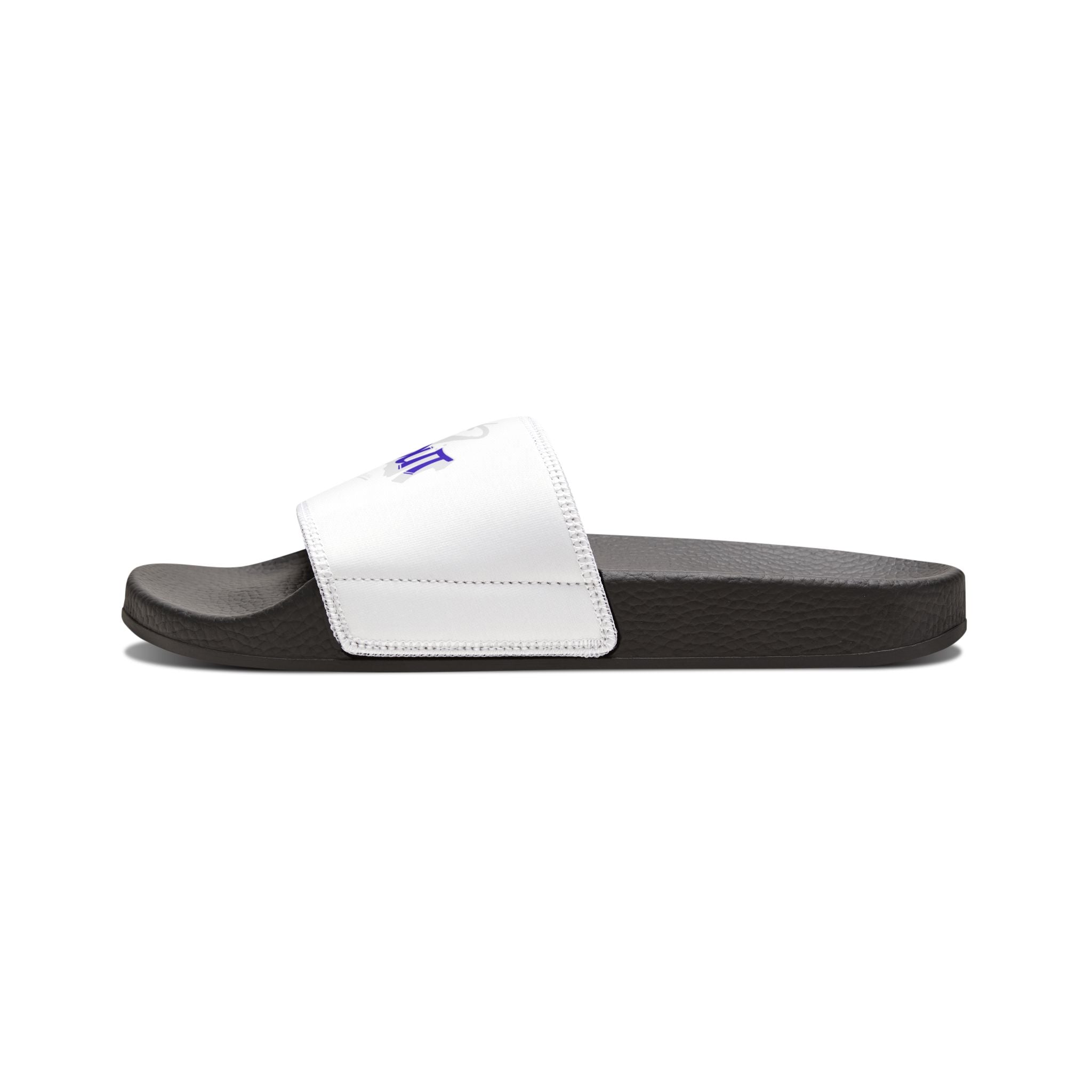 Men's Slide Sandals — White Removable-Strap Slides with 'Log it out' Graphic