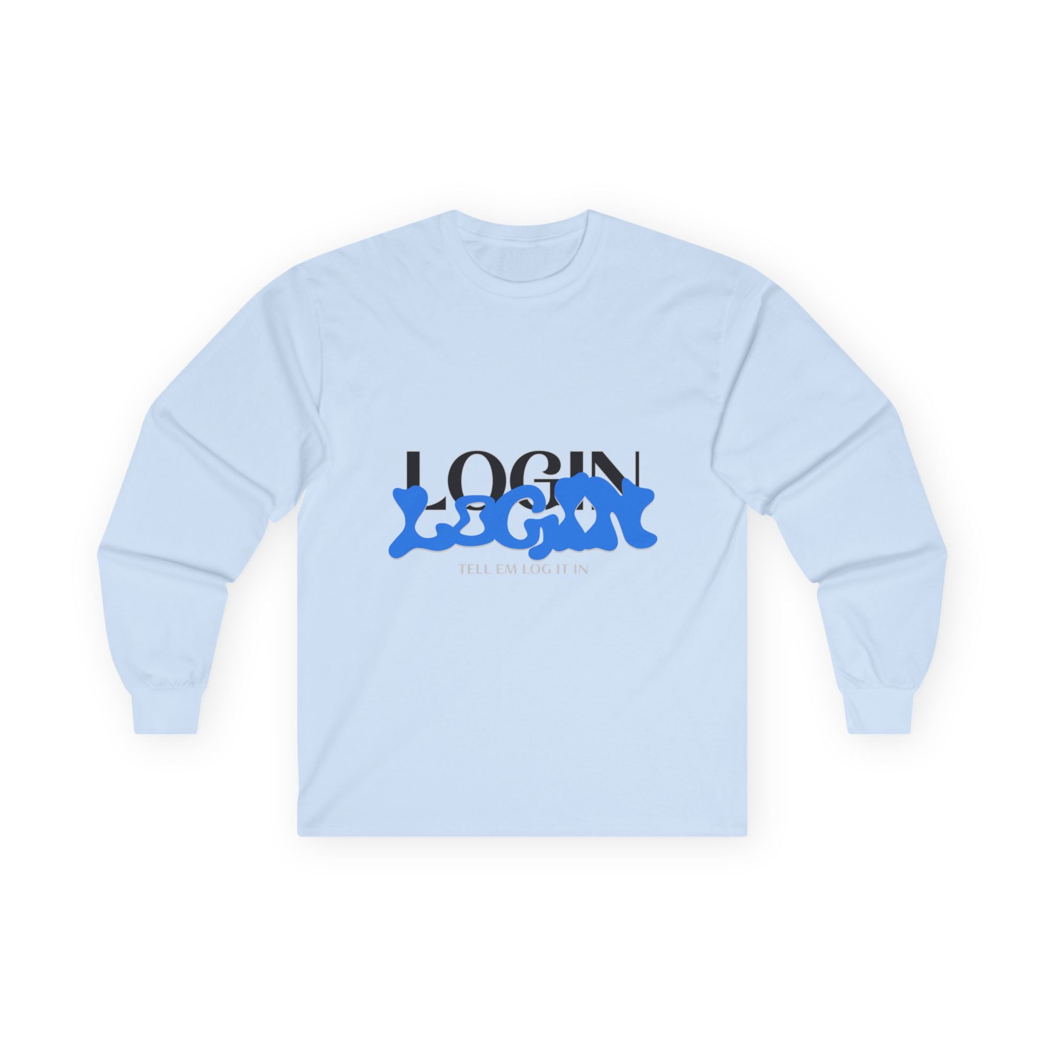 Long Sleeve Tee — "Login" Blue Script Graphic