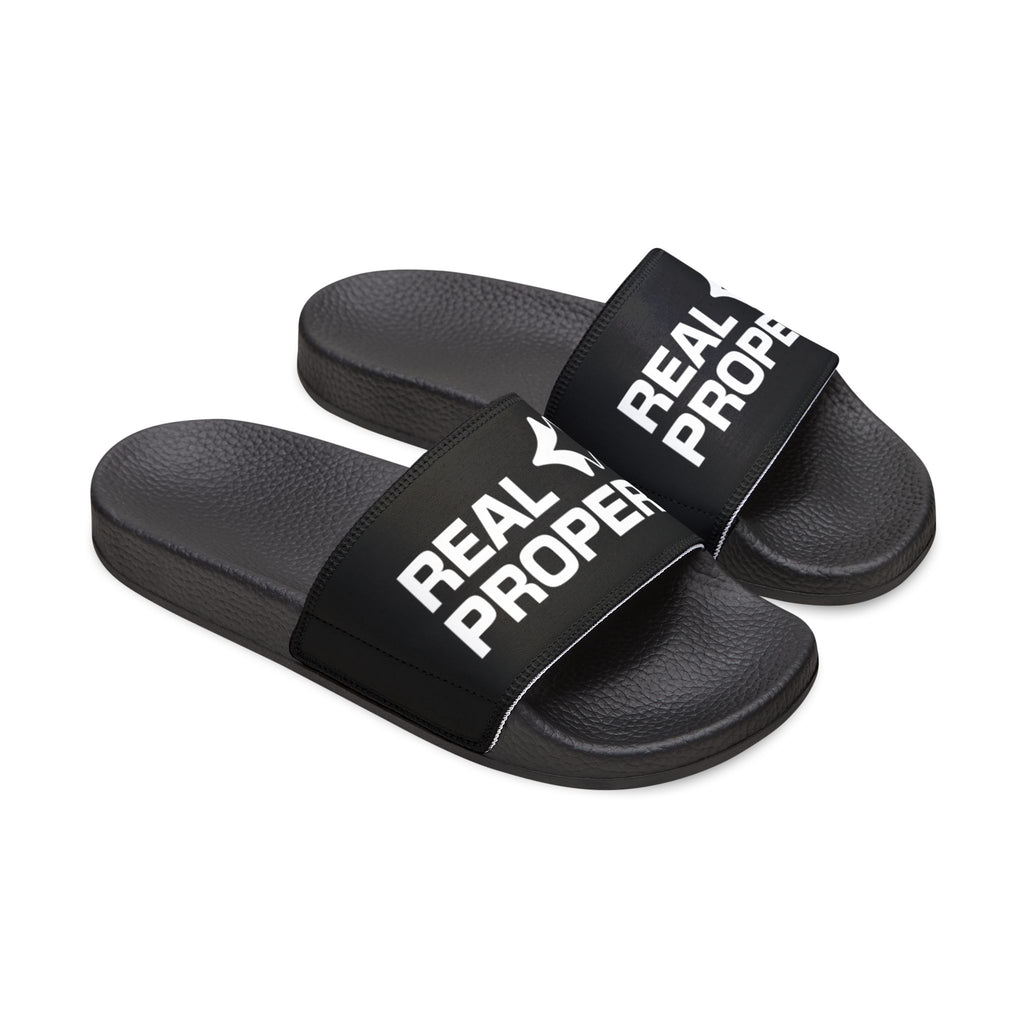 Women's Removable-Strap Slide Sandals — "Real Proper" Black Pool & Casual Beach Slides