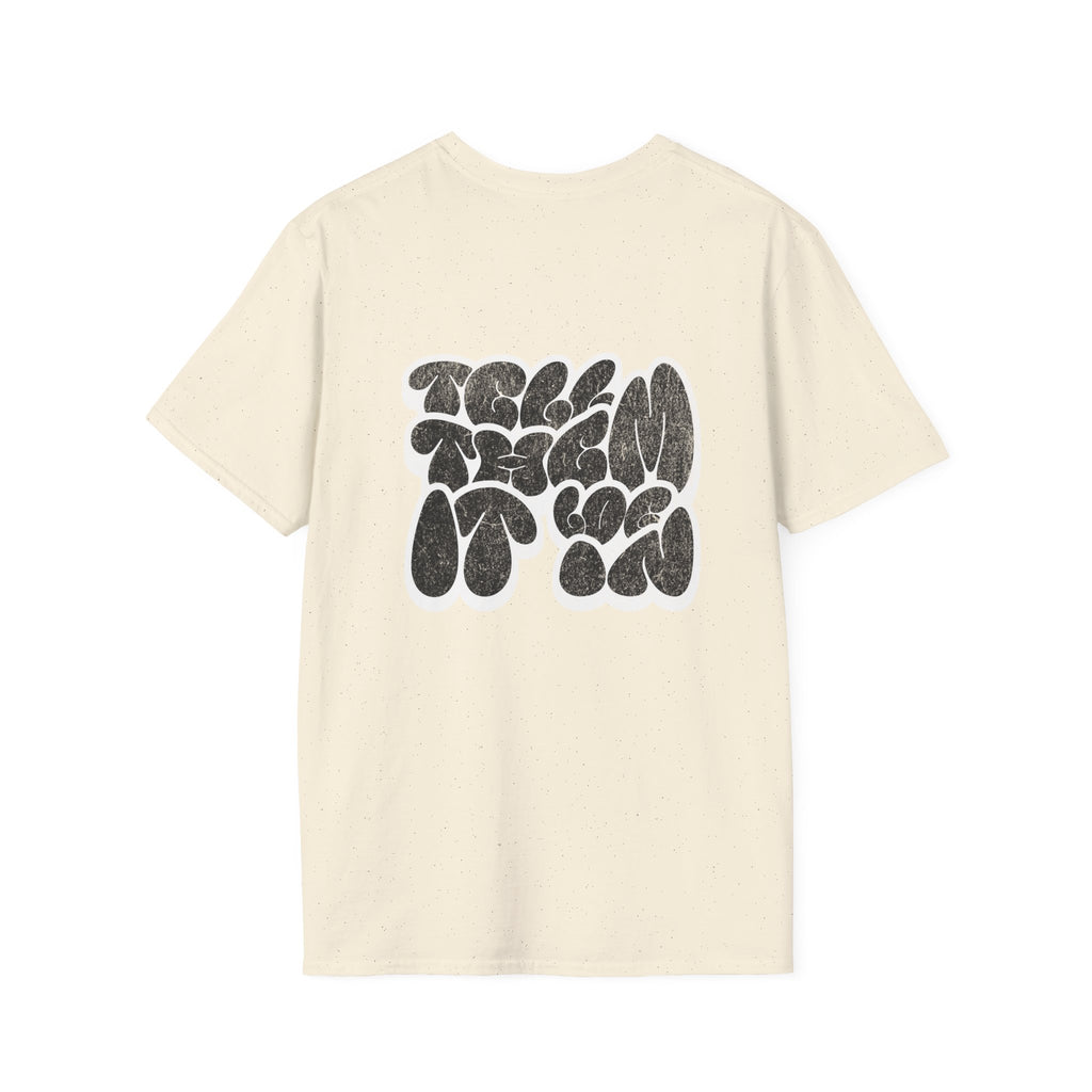 Abstract Bubble Letter Graphic "LOG IT IN" T-Shirt — Vintage Black Text Design