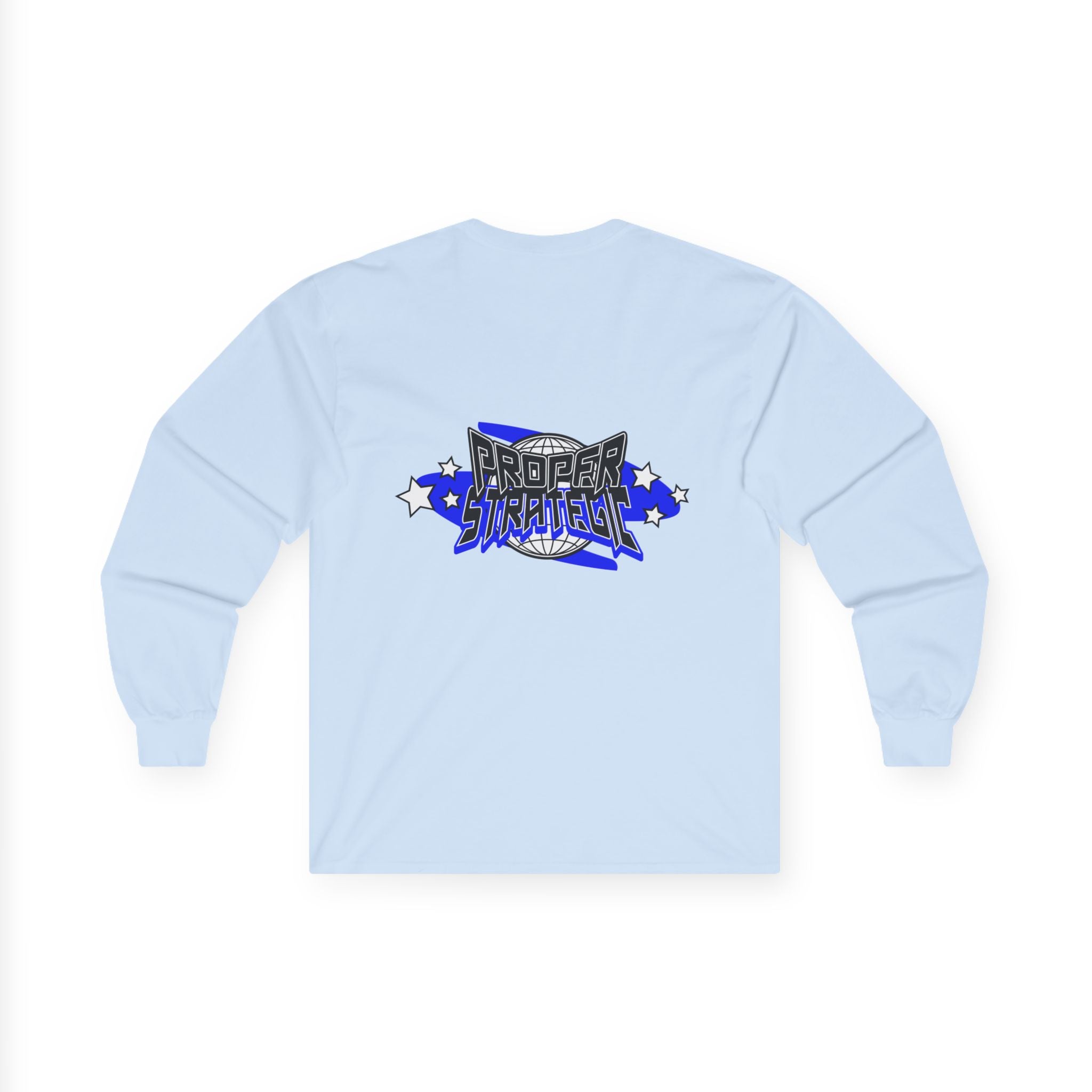 Proper Strategic Long Sleeve Tee — Retro Blue Graphic Shirt for Gamers & Strategists