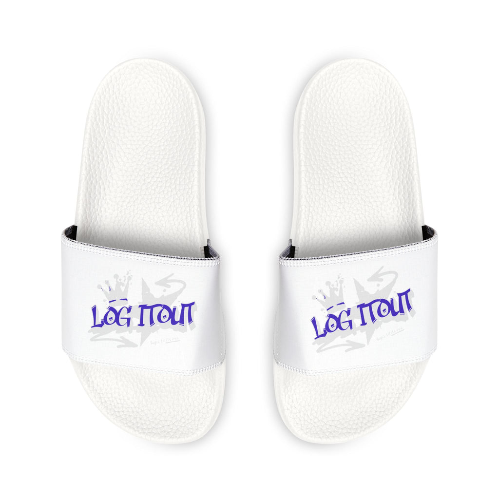 Men's Slide Sandals — White Removable-Strap Slides with 'Log it out' Graphic