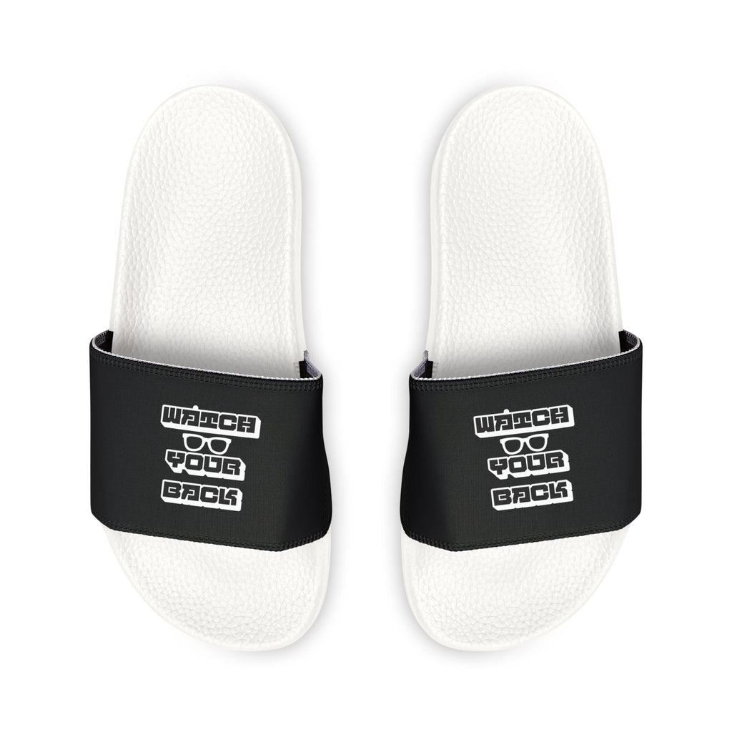 Mens Slide Sandals — Black Strap Slides with Retro "Watch your back" Logo