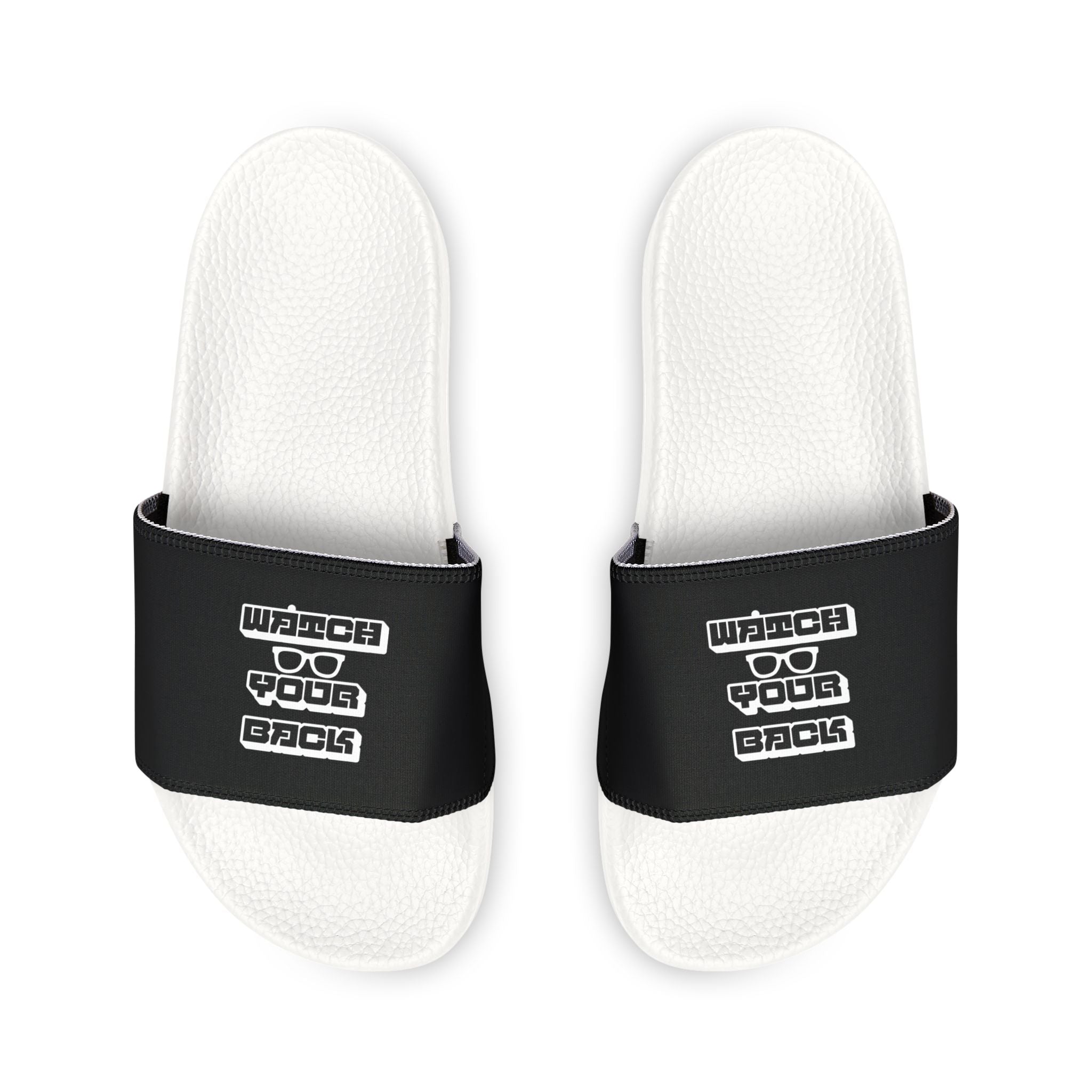 Mens Slide Sandals — Black Strap Slides with Retro "Watch your back" Logo
